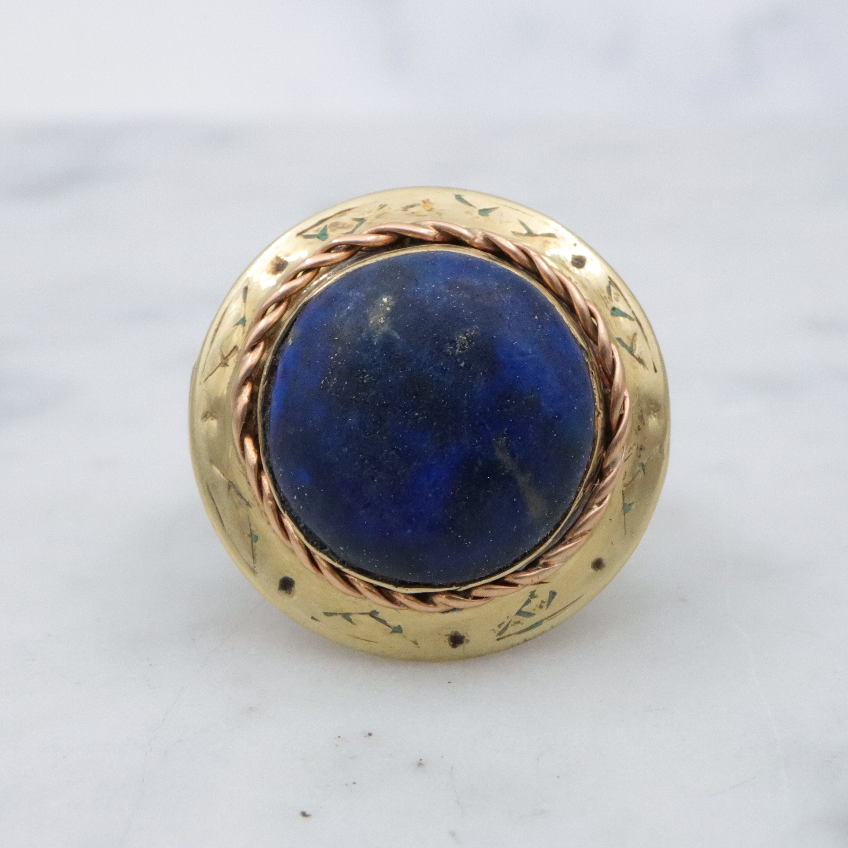 Antique Art Deco 14k gold lapis button ring, sz 7