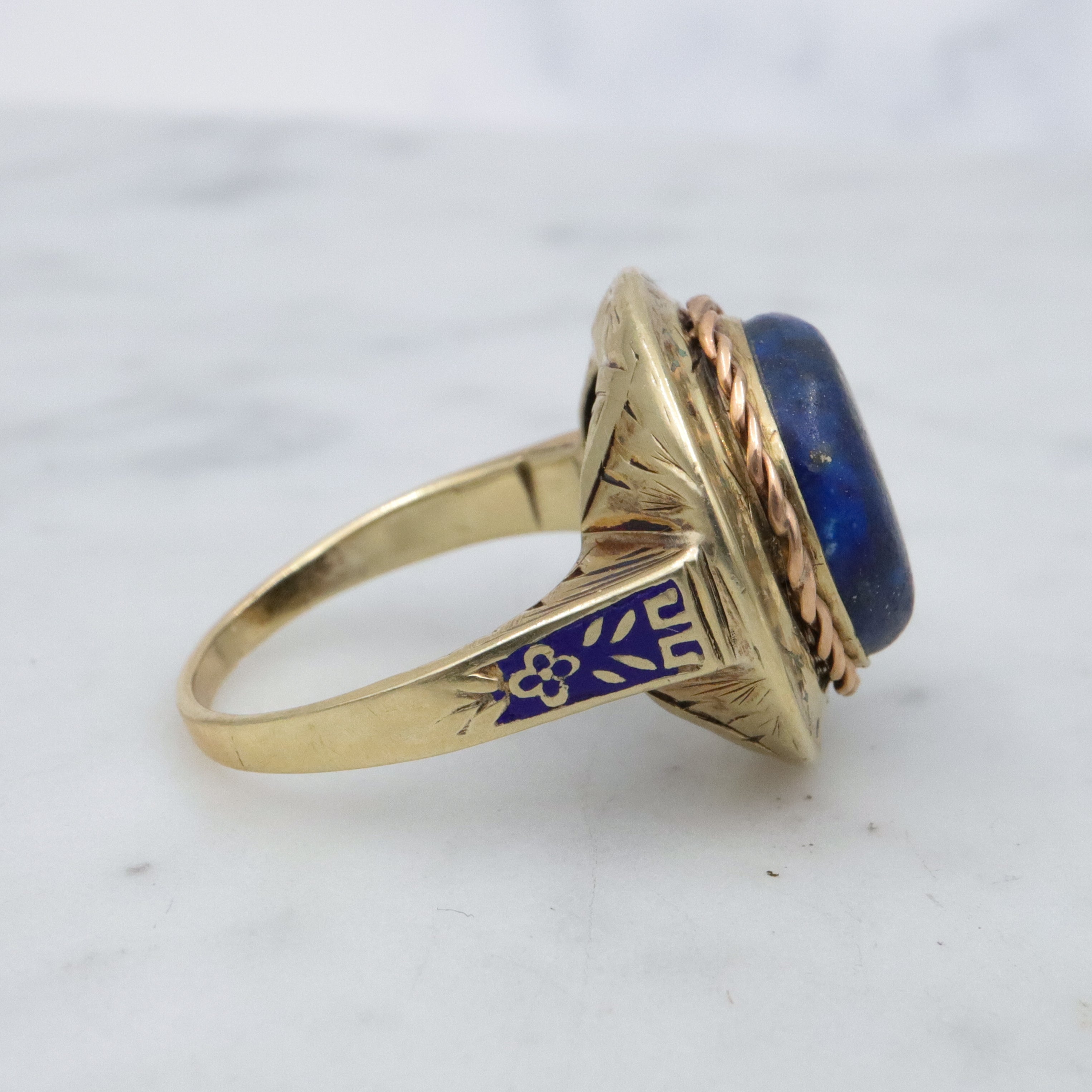 Antique Art Deco 14k gold lapis button ring, sz 7