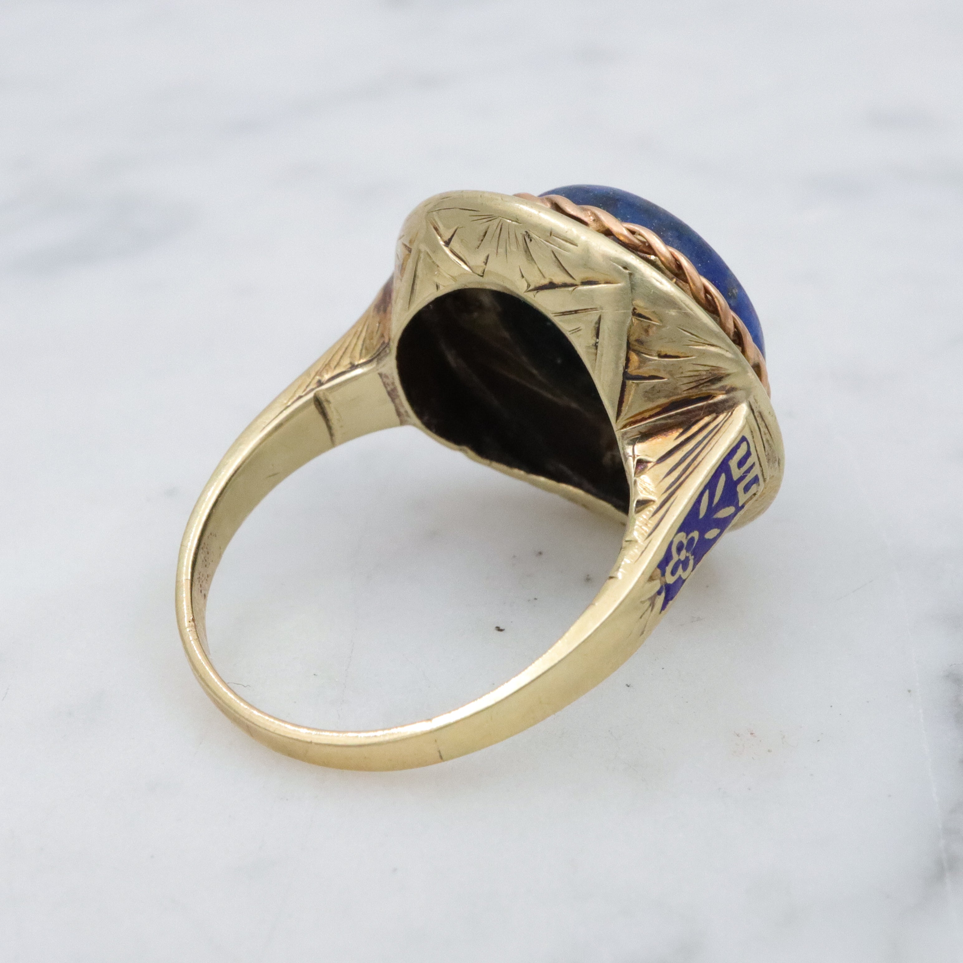 Antique Art Deco 14k gold lapis button ring, sz 7
