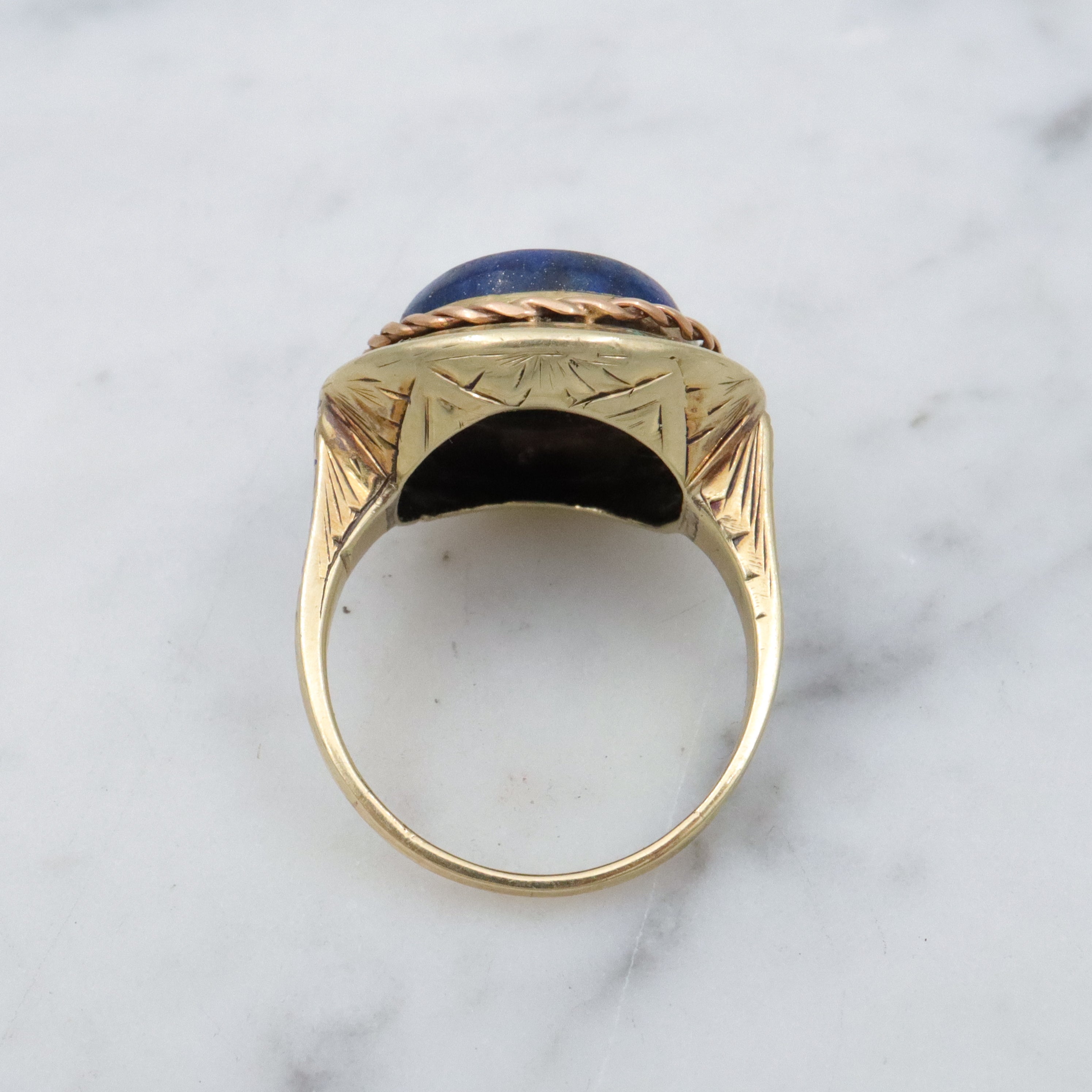 Antique Art Deco 14k gold lapis button ring, sz 7