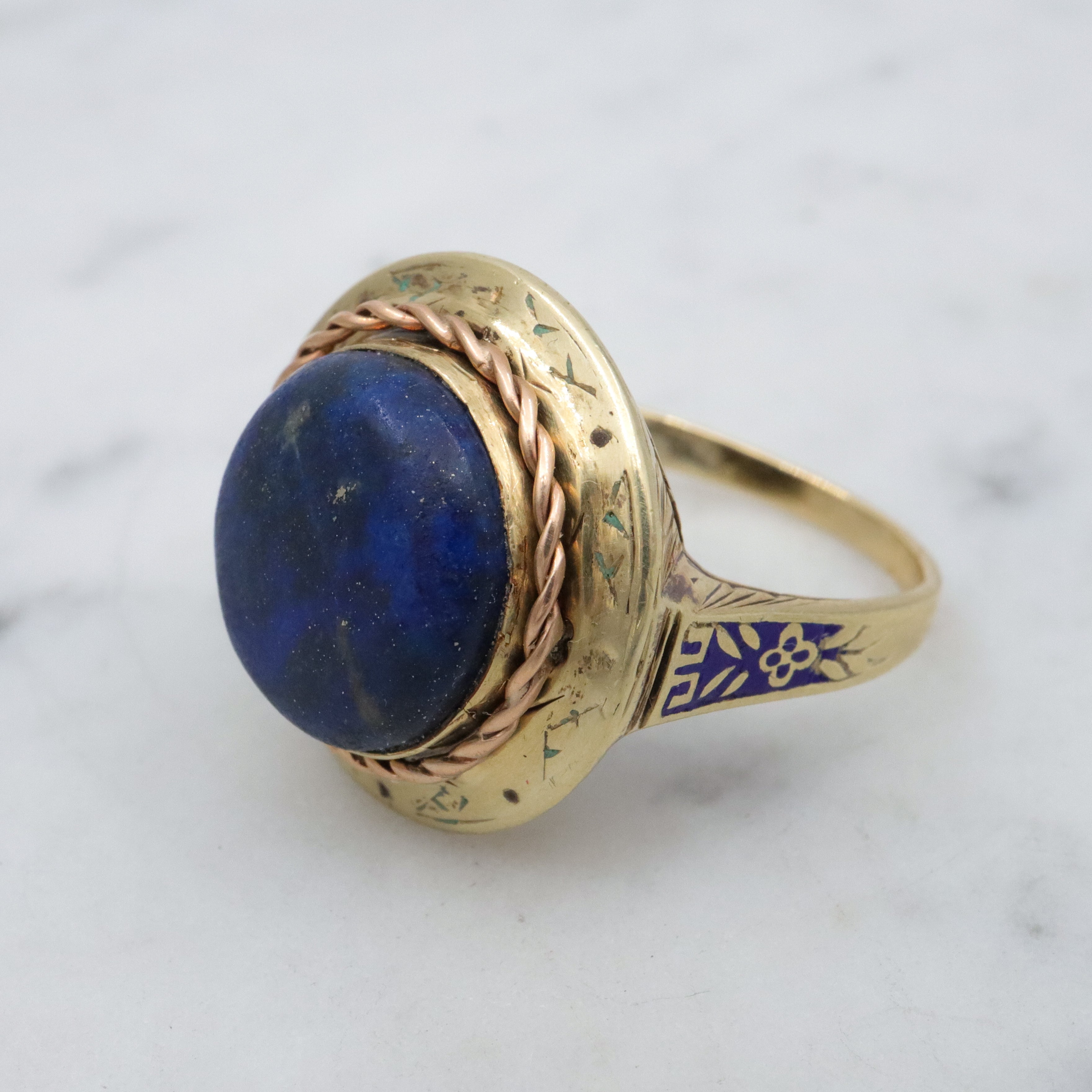 Antique Art Deco 14k gold lapis button ring, sz 7