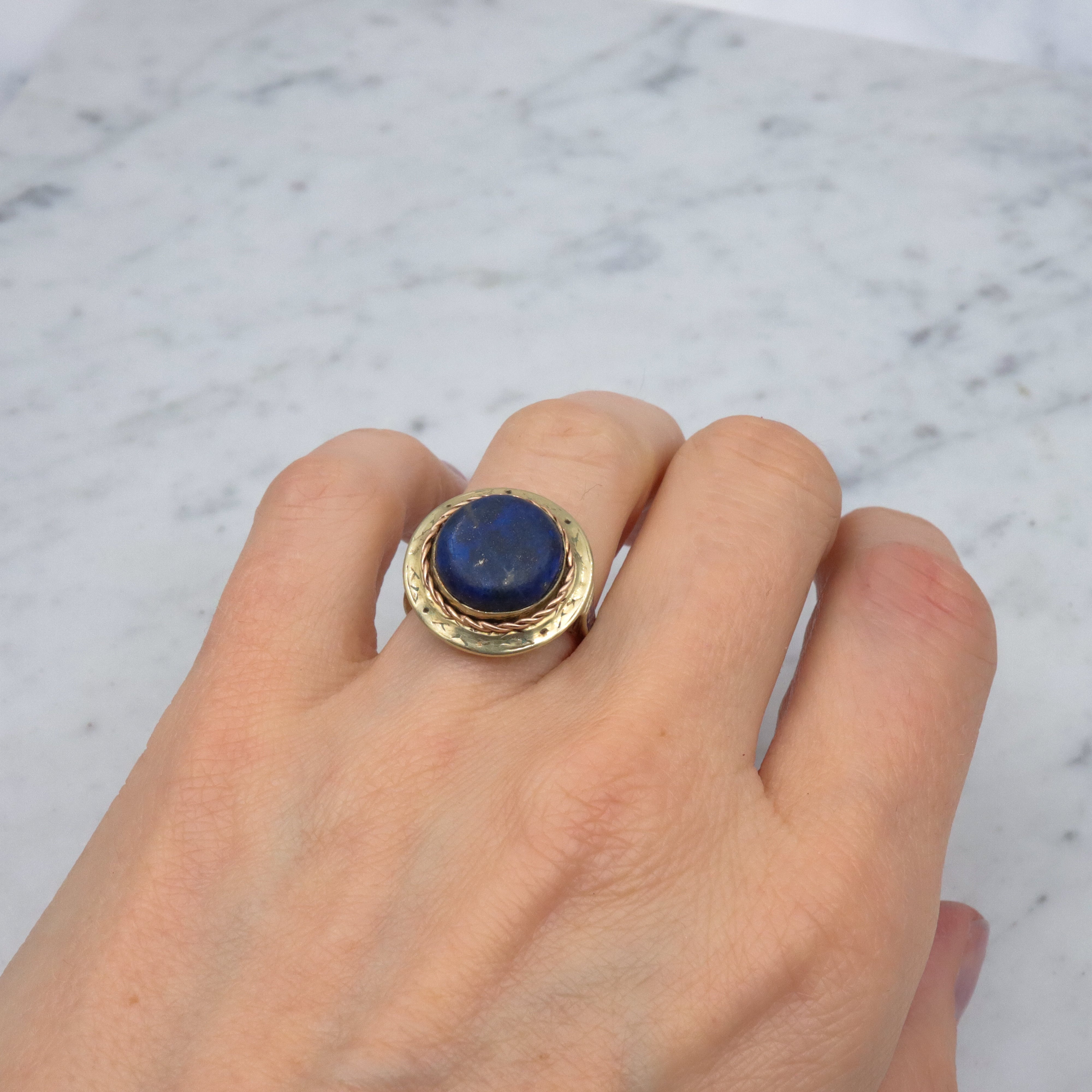 Antique Art Deco 14k gold lapis button ring, sz 7