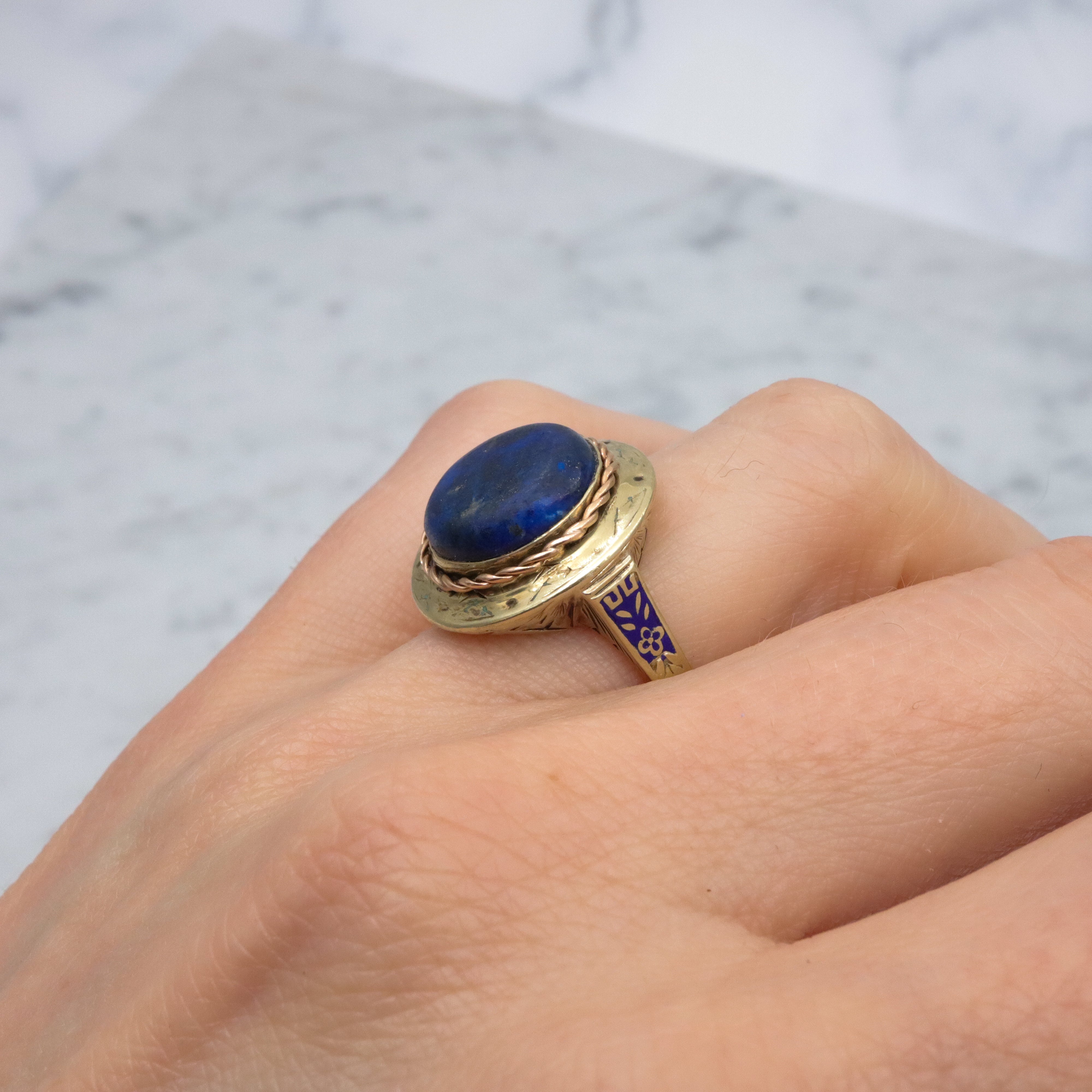 Antique Art Deco 14k gold lapis button ring, sz 7