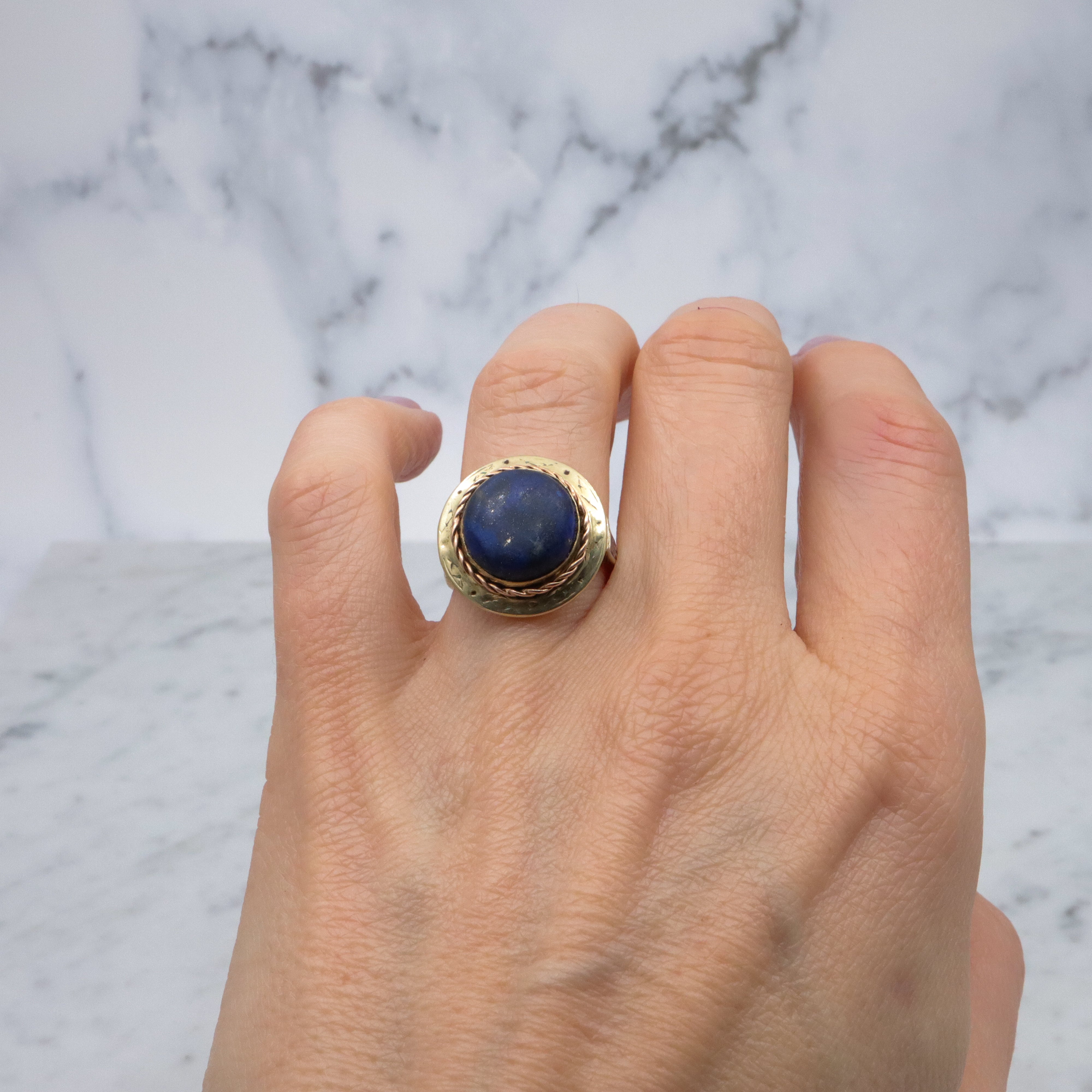 Antique Art Deco 14k gold lapis button ring, sz 7