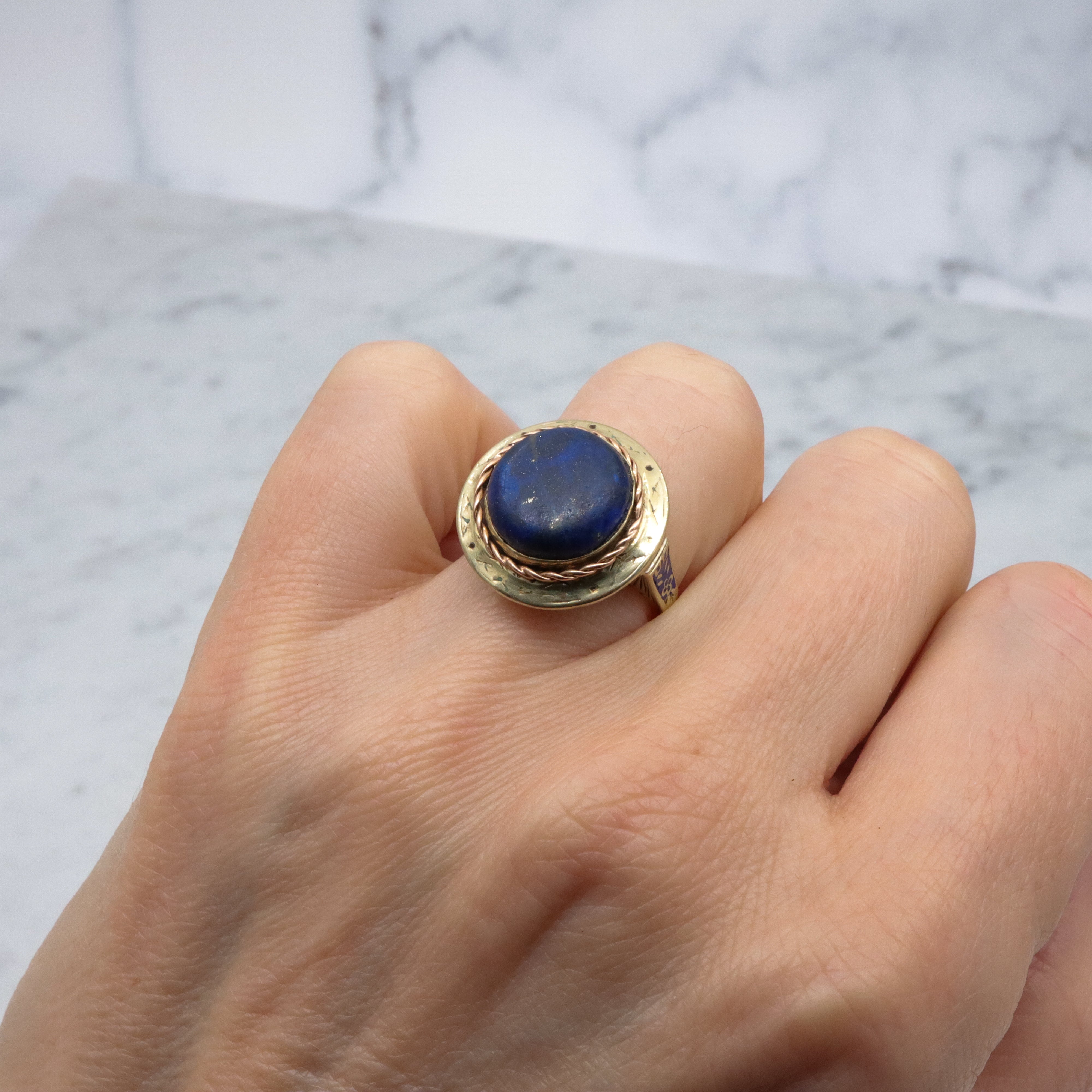 Antique Art Deco 14k gold lapis button ring, sz 7