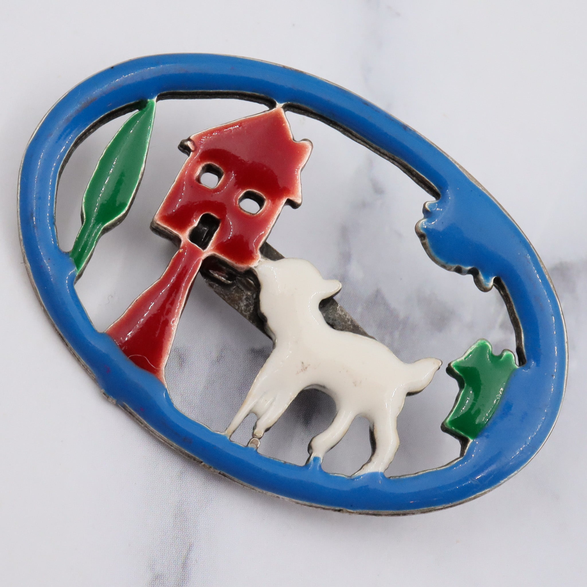 Antique silver tone enamel brooch
