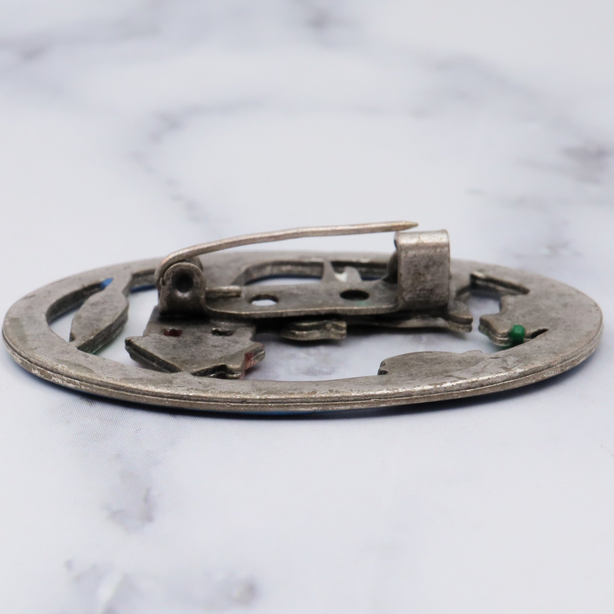 Antique silver tone enamel brooch