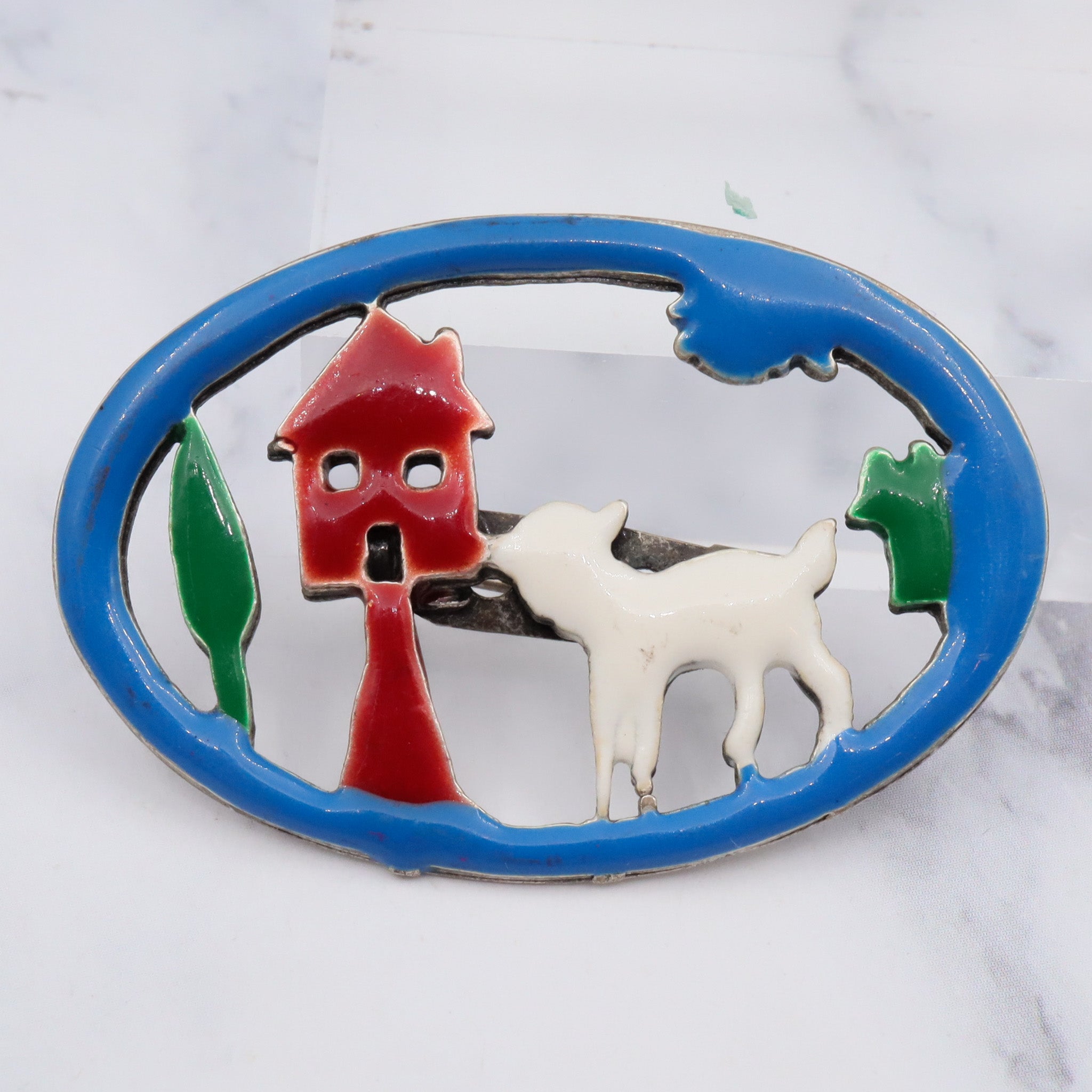 Antique silver tone enamel brooch