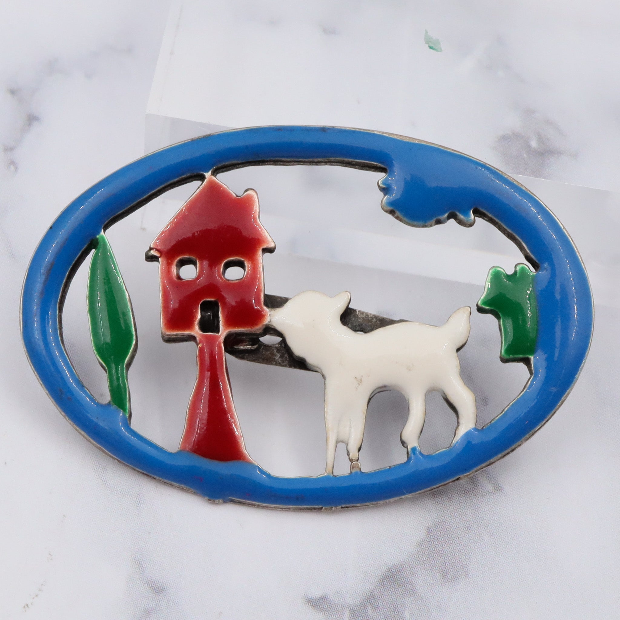 Antique silver tone enamel brooch