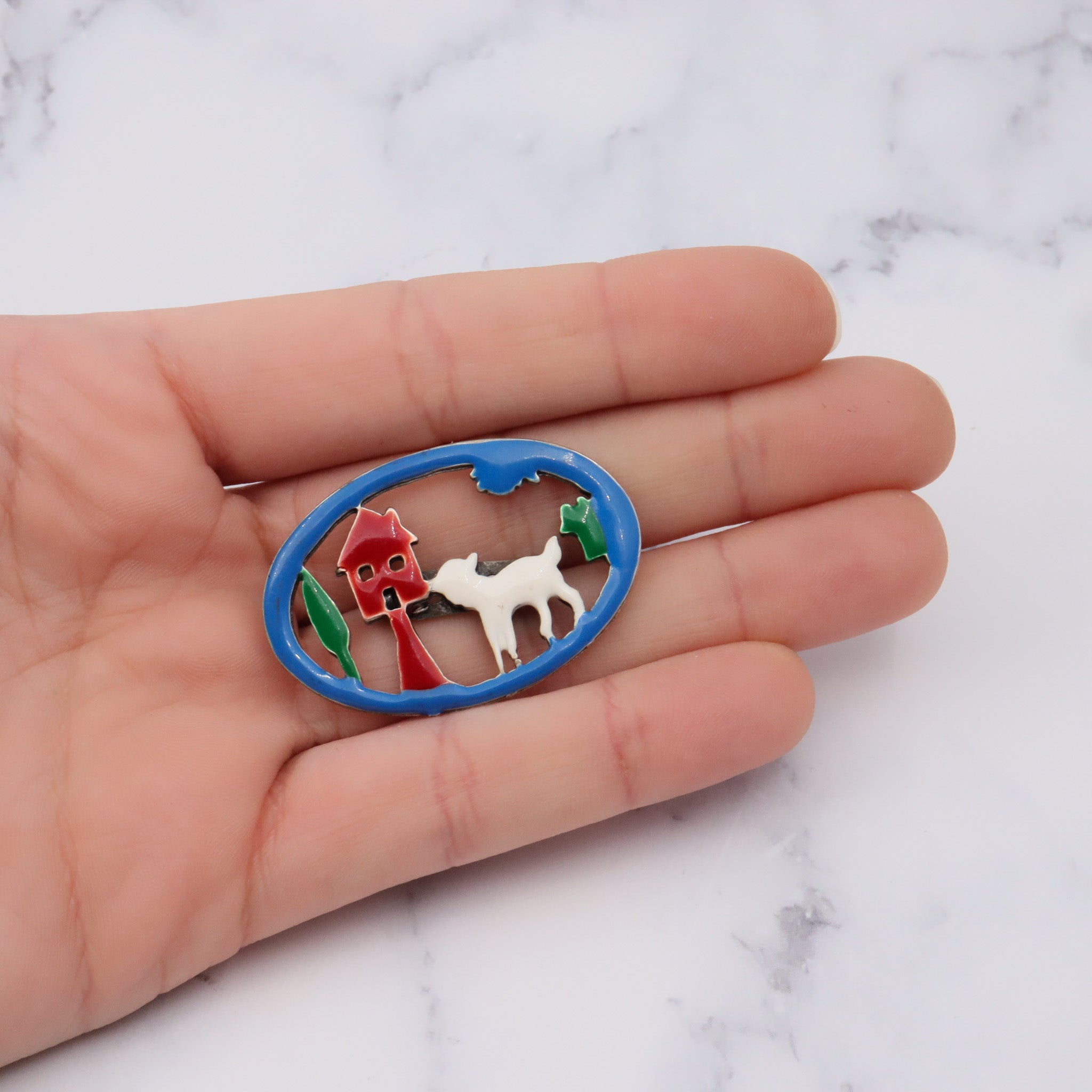 Antique silver tone enamel brooch