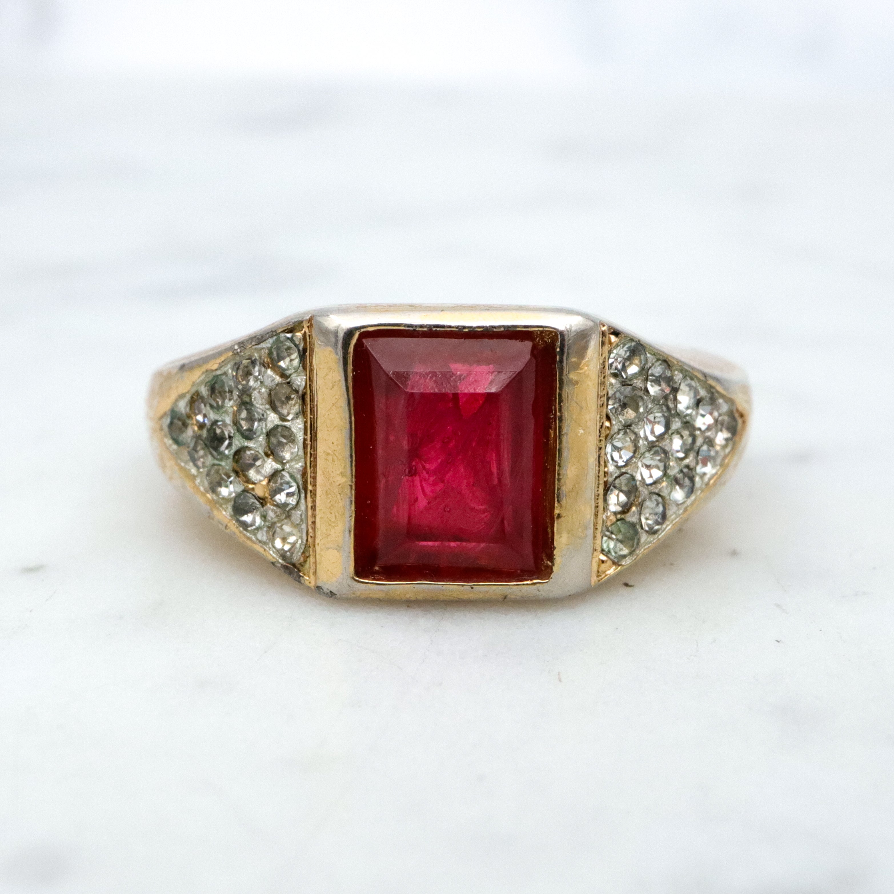 Mid Century Christian Dior gold plated faux ruby & rhinestone cocktail ring, sz 7