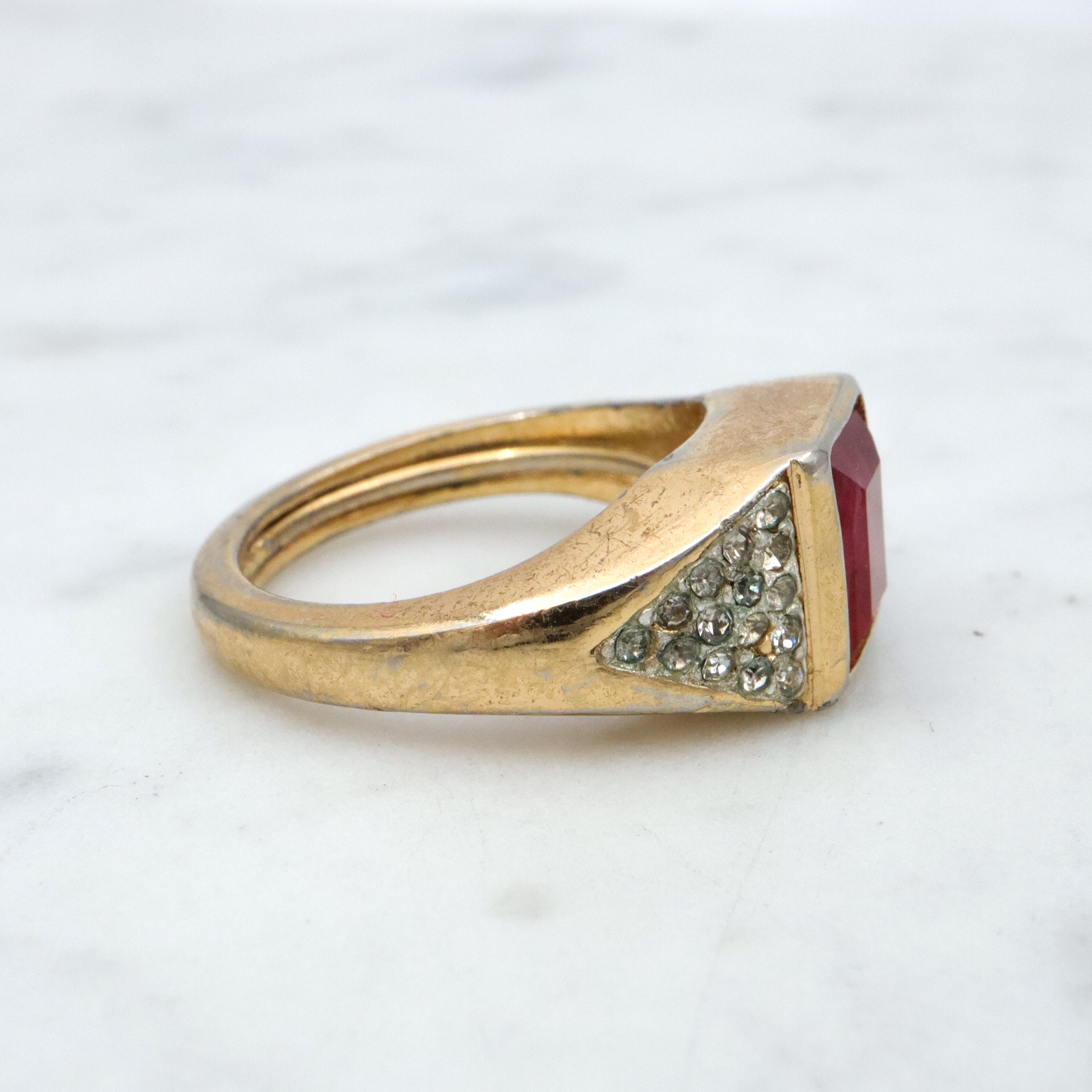 Mid Century Christian Dior gold plated faux ruby & rhinestone cocktail ring, sz 7