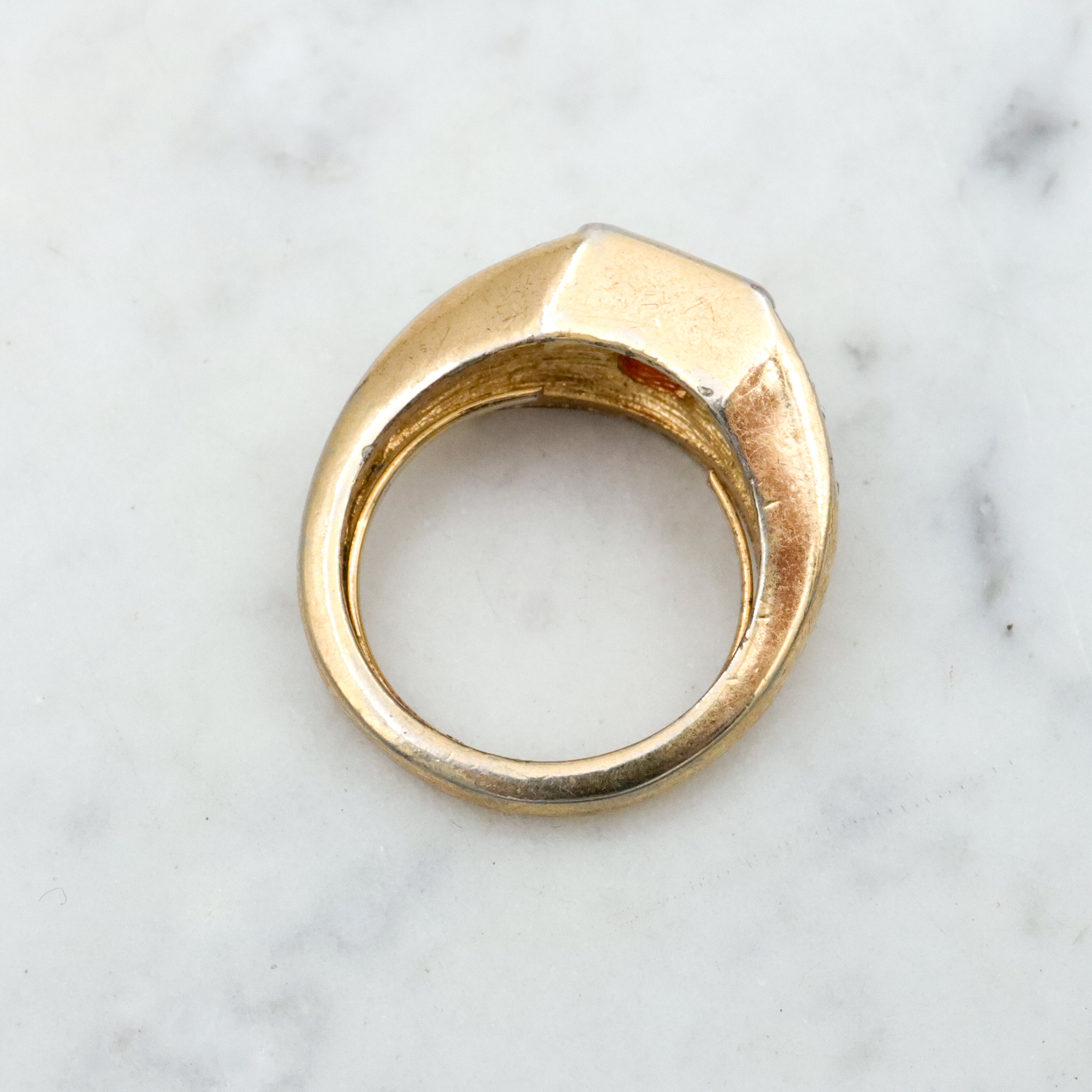 Mid Century Christian Dior gold plated faux ruby & rhinestone cocktail ring, sz 7