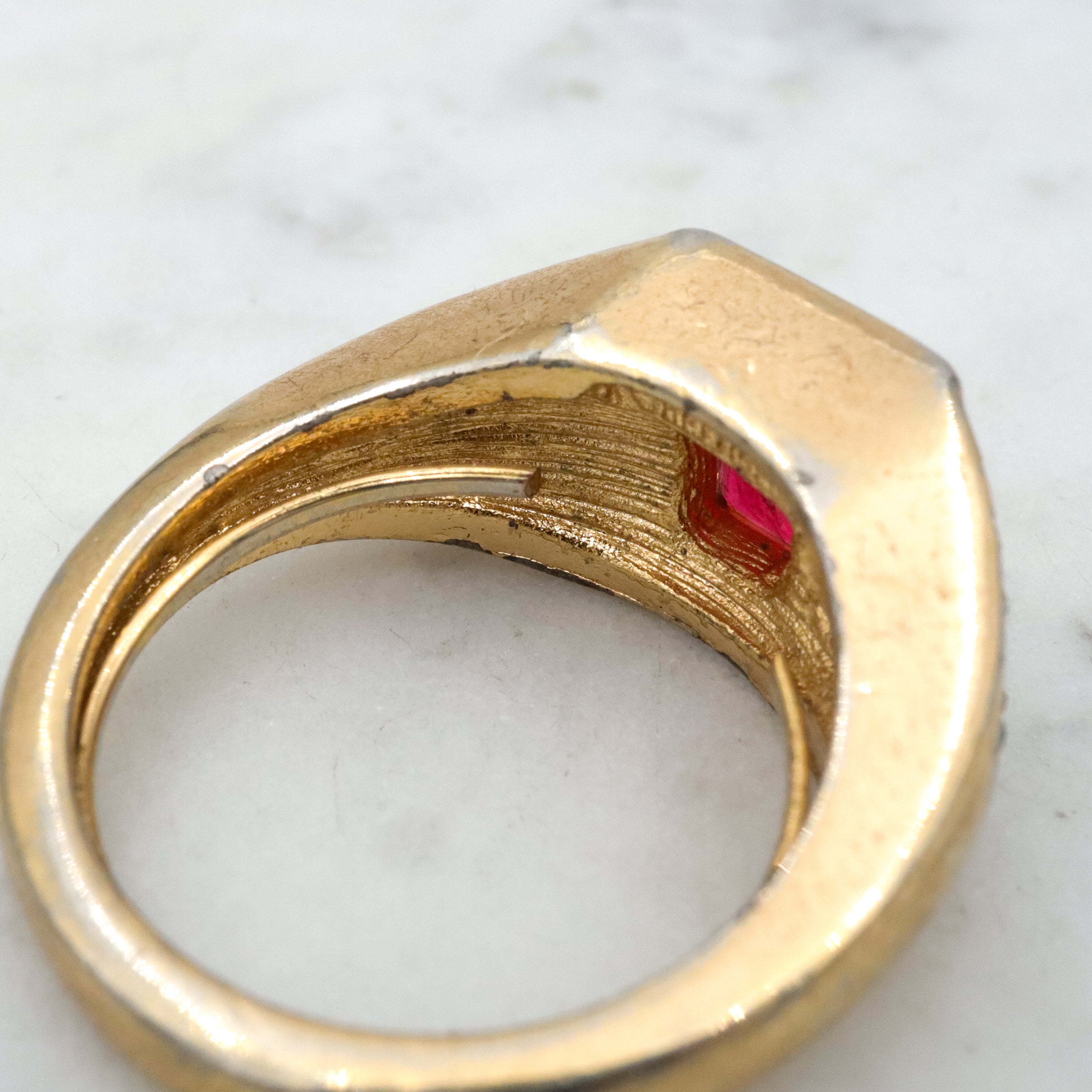 Mid Century Christian Dior gold plated faux ruby & rhinestone cocktail ring, sz 7
