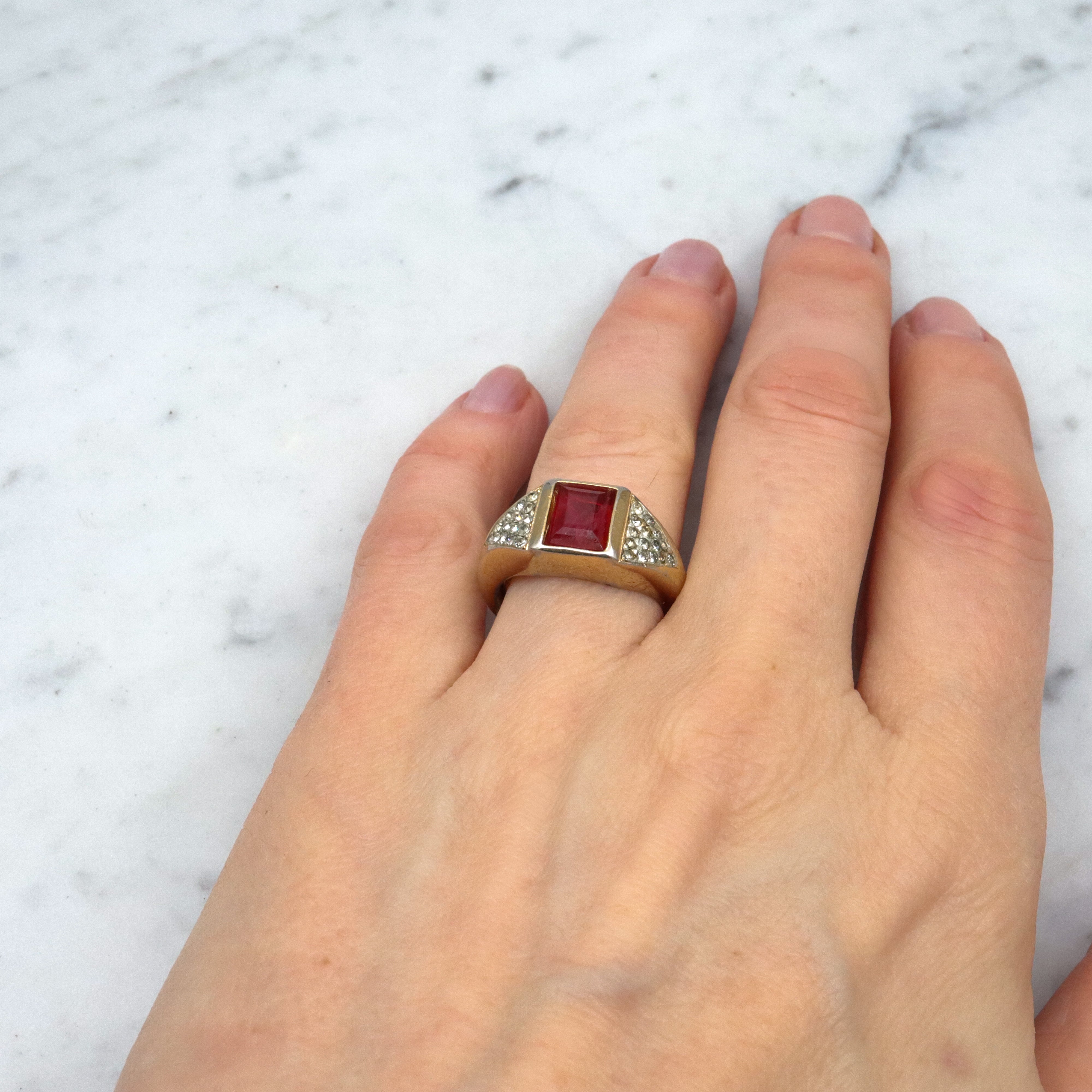 Mid Century Christian Dior gold plated faux ruby & rhinestone cocktail ring, sz 7