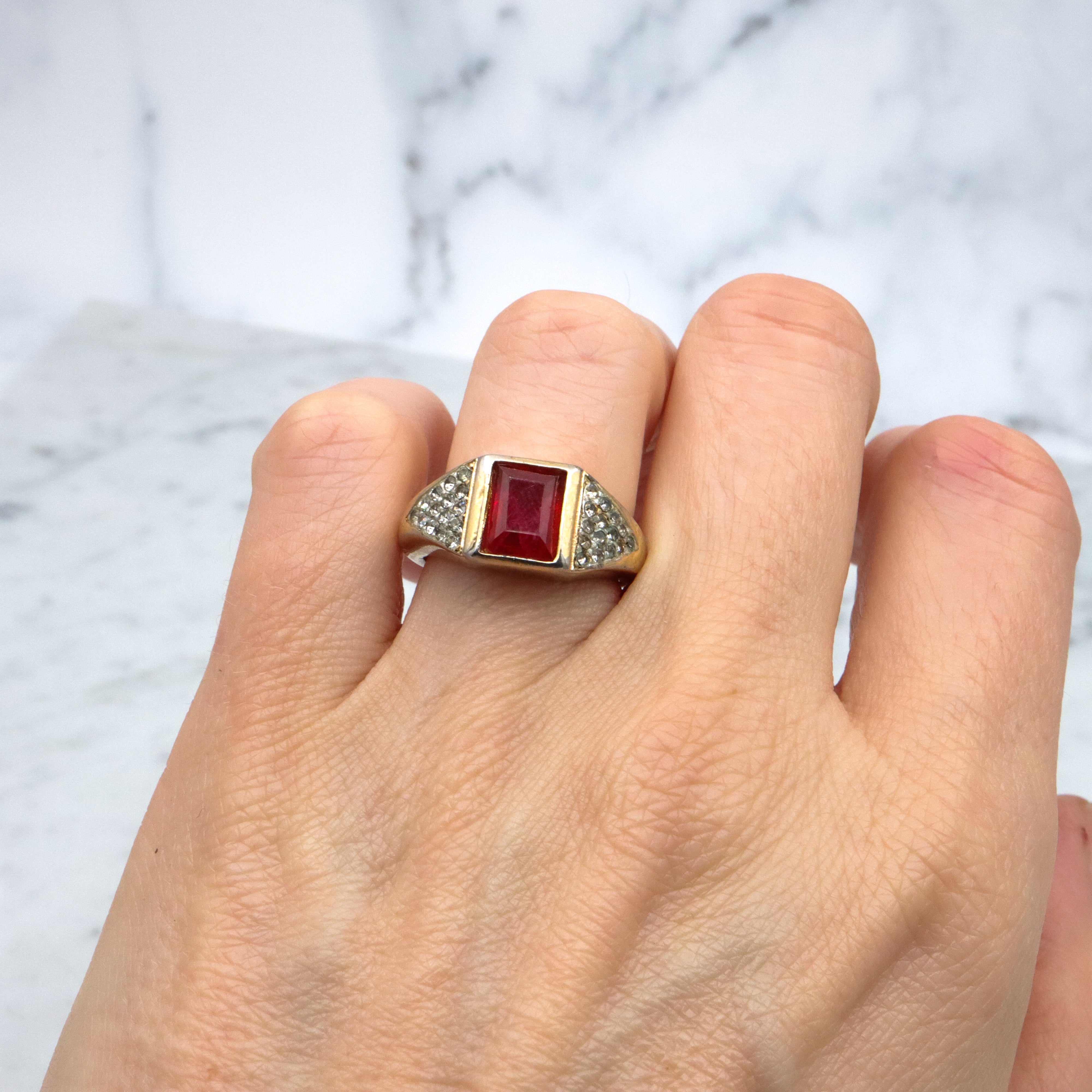 Mid Century Christian Dior gold plated faux ruby & rhinestone cocktail ring, sz 7