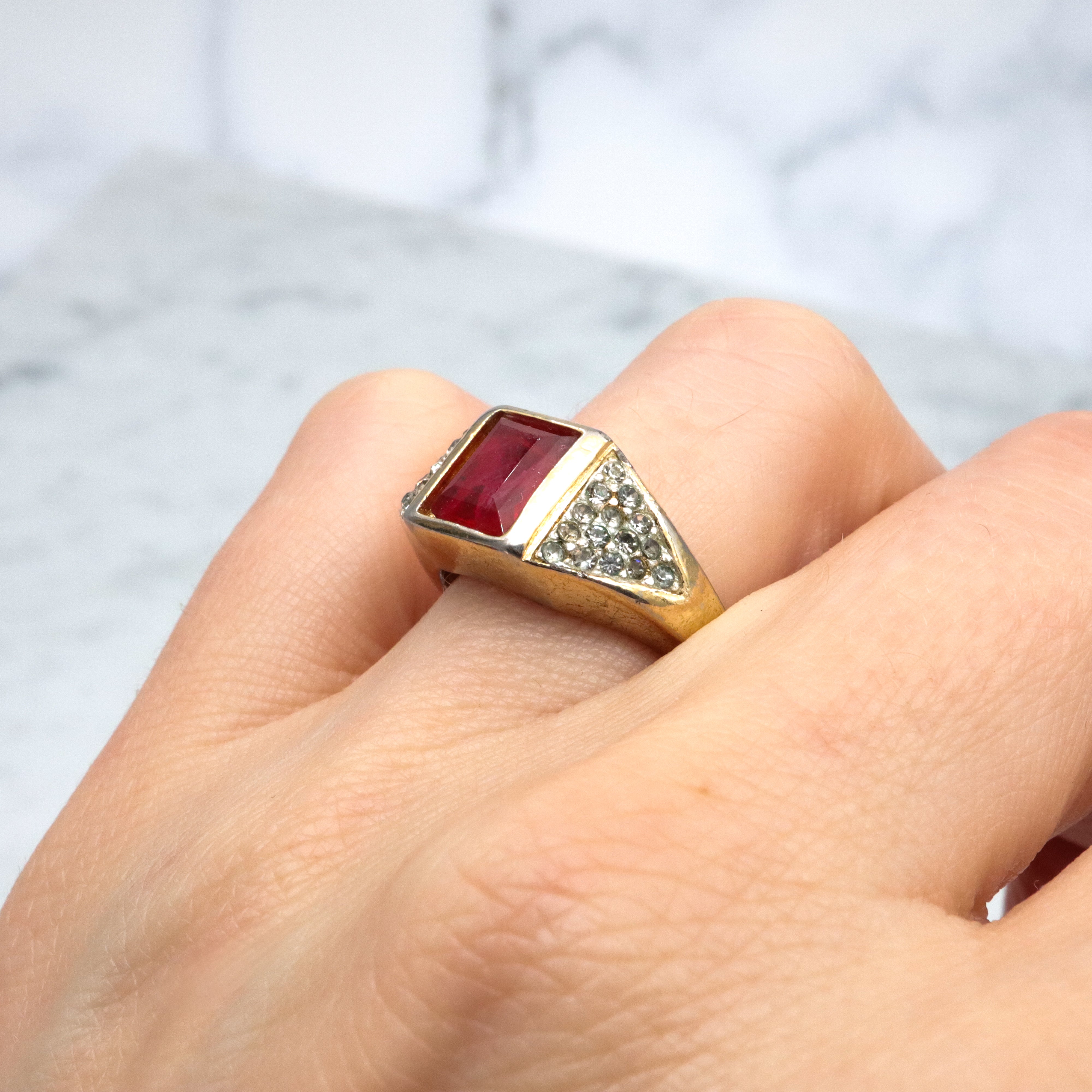 Mid Century Christian Dior gold plated faux ruby & rhinestone cocktail ring, sz 7