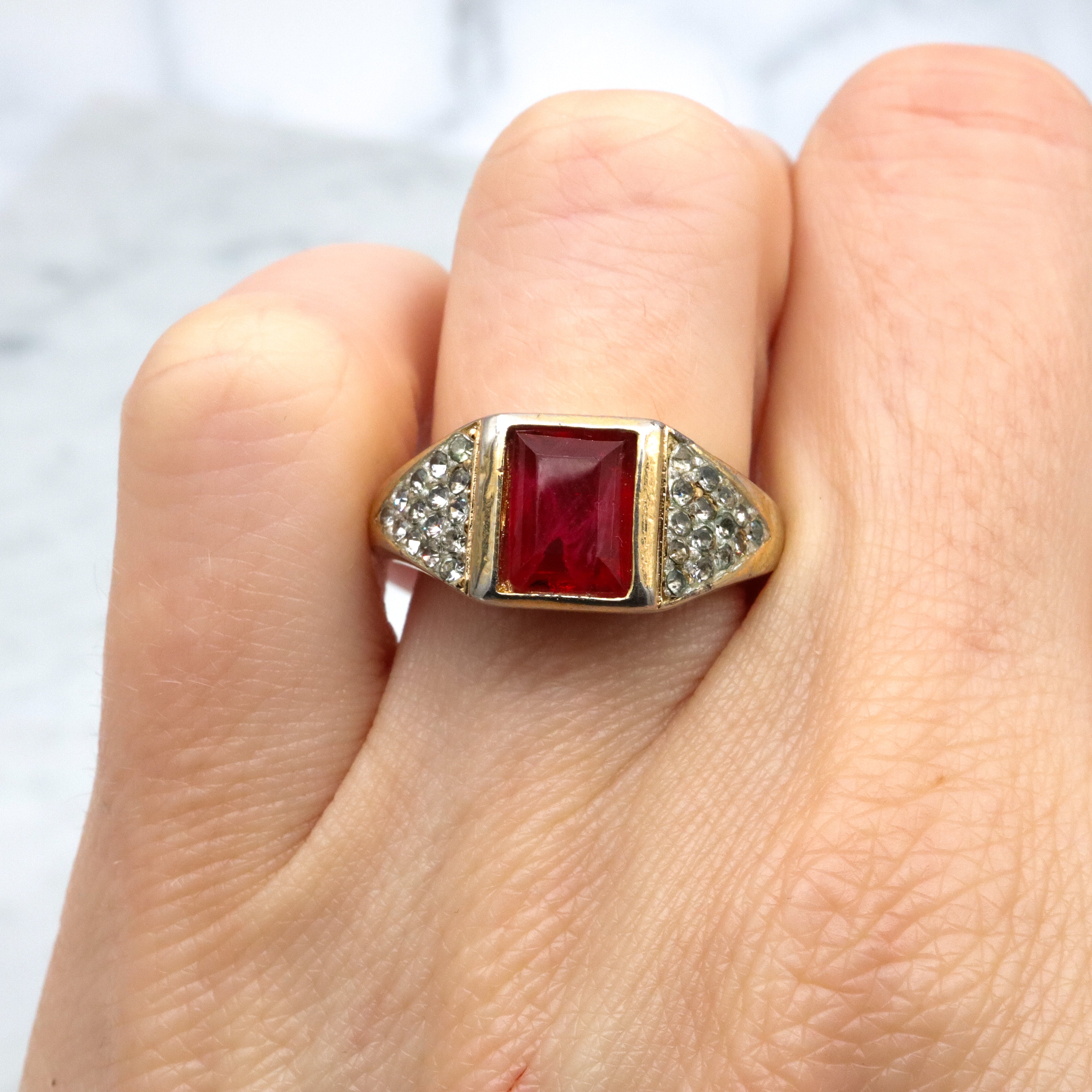 Mid Century Christian Dior gold plated faux ruby & rhinestone cocktail ring, sz 7