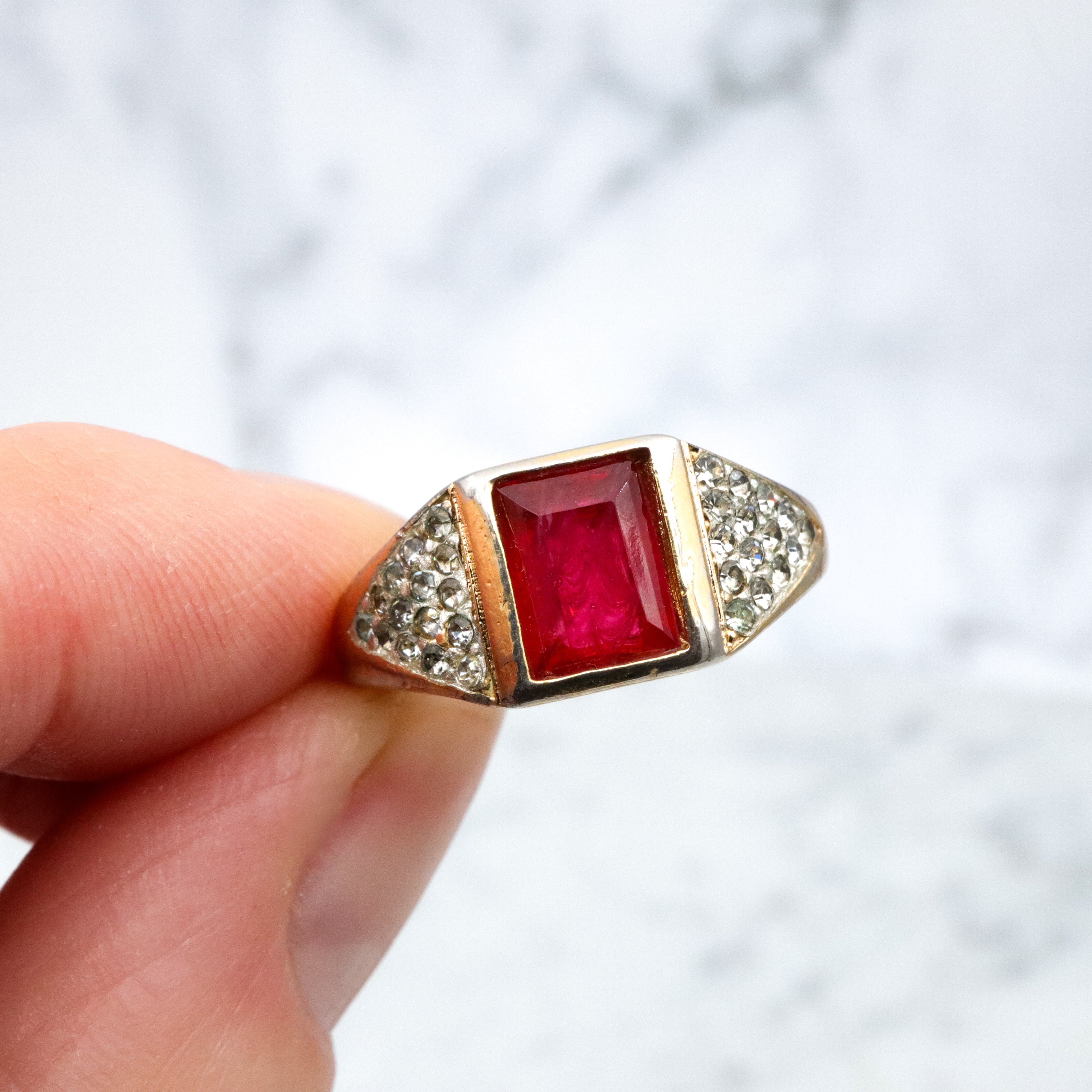 Mid Century Christian Dior gold plated faux ruby & rhinestone cocktail ring, sz 7
