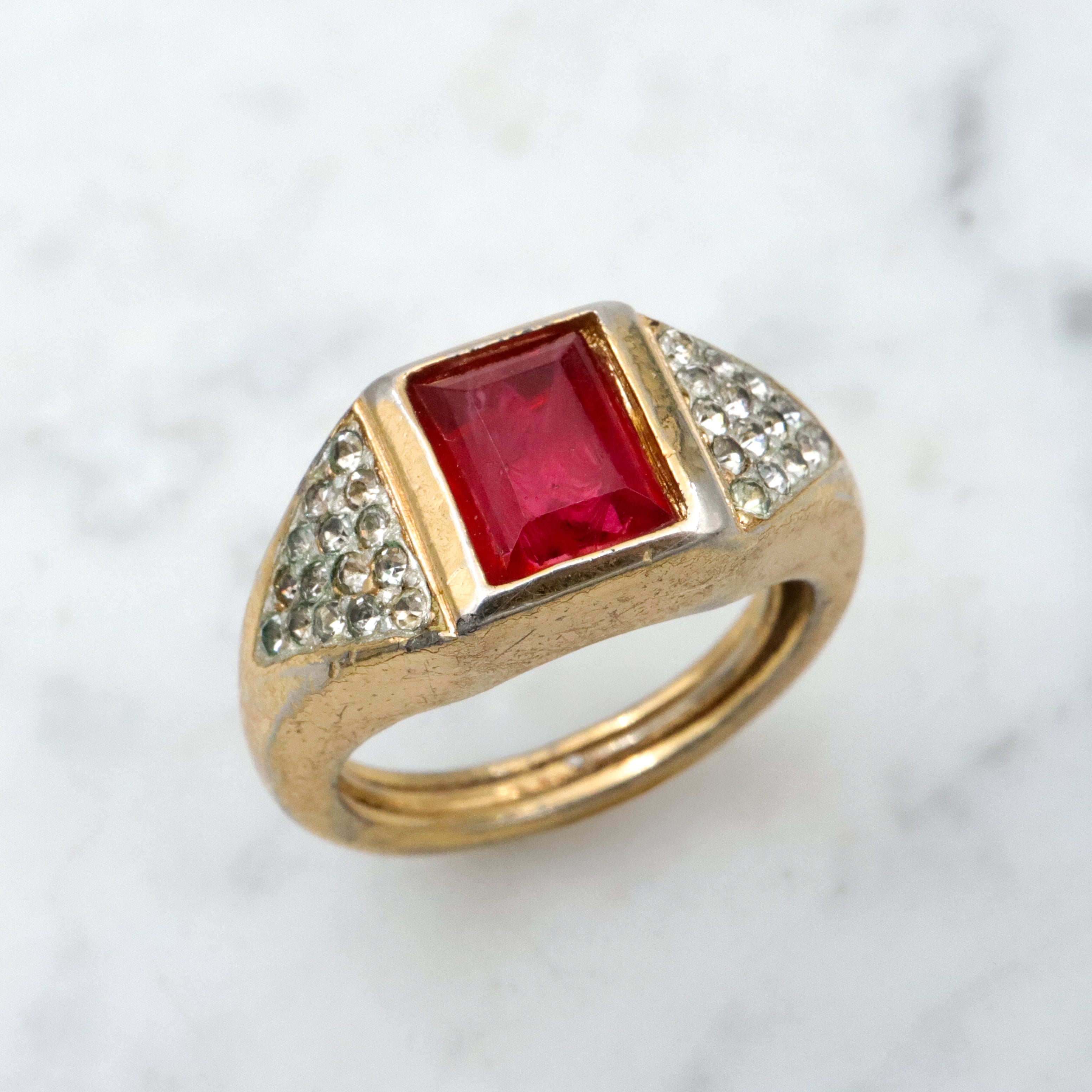 Mid Century Christian Dior gold plated faux ruby & rhinestone cocktail ring, sz 7