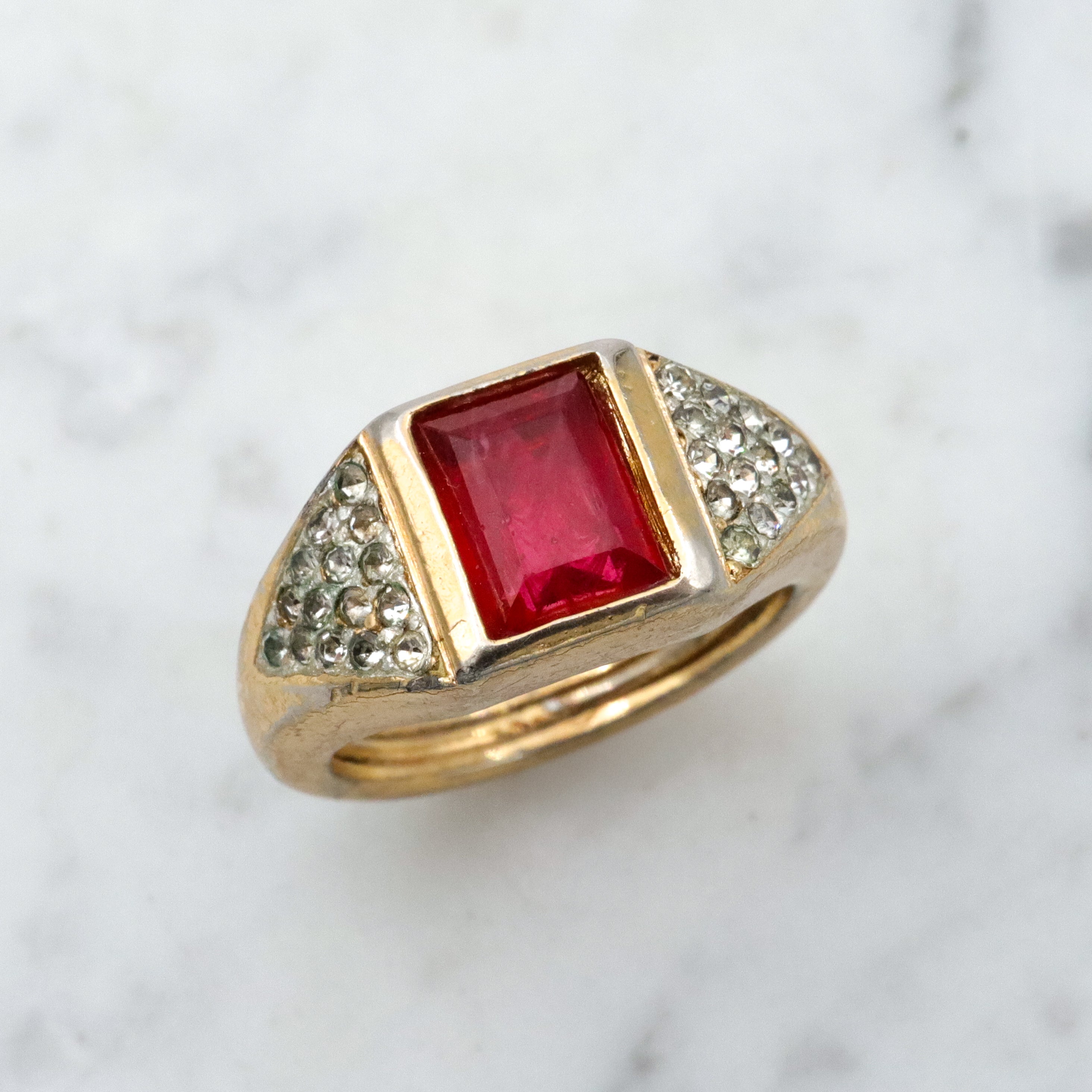 Mid Century Christian Dior gold plated faux ruby & rhinestone cocktail ring, sz 7