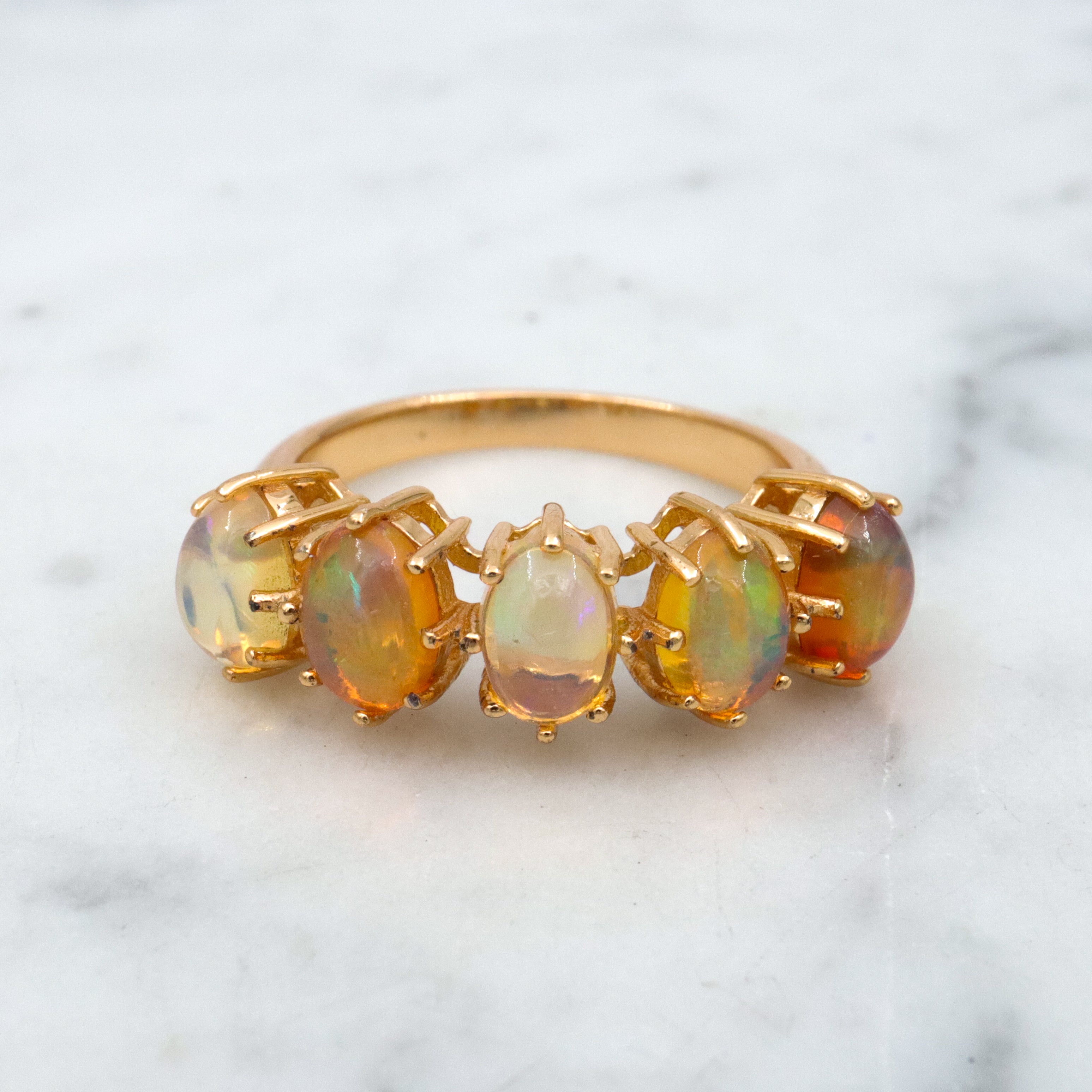 Vintage Stauer gold plated sterling Ethiopian opal 5-stone ring, sz 6