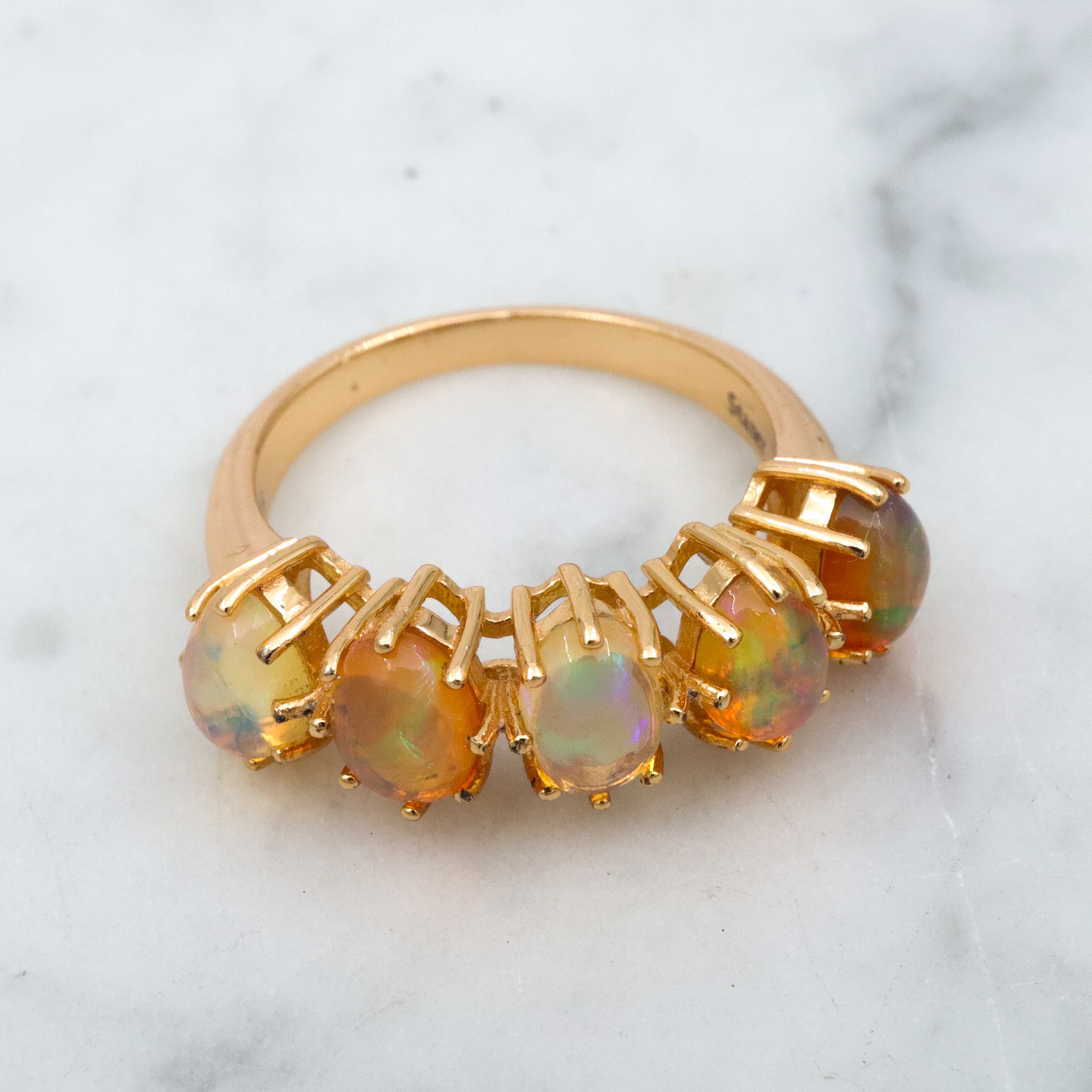 Vintage Stauer gold plated sterling Ethiopian opal 5-stone ring, sz 6