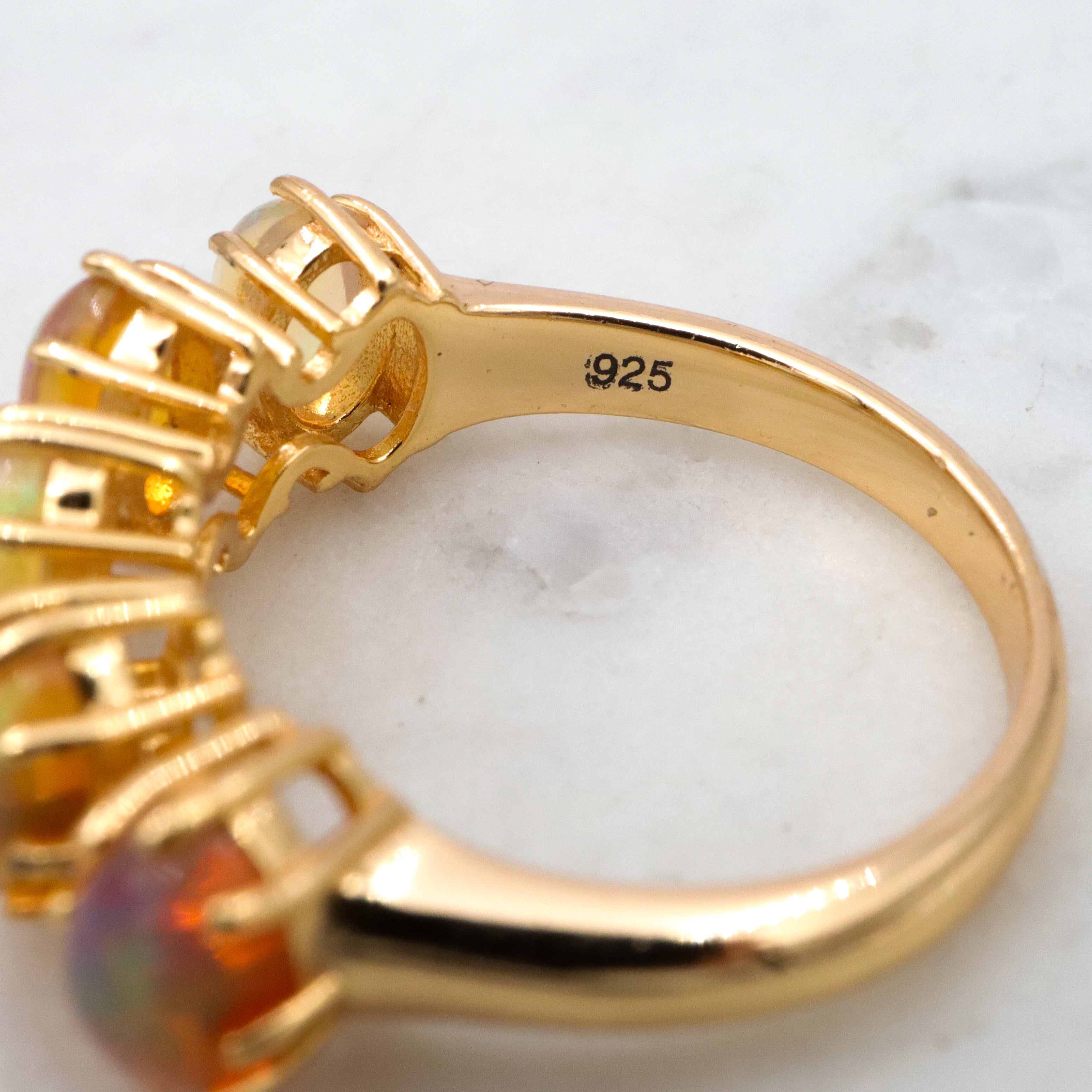 Vintage Stauer gold plated sterling Ethiopian opal 5-stone ring, sz 6