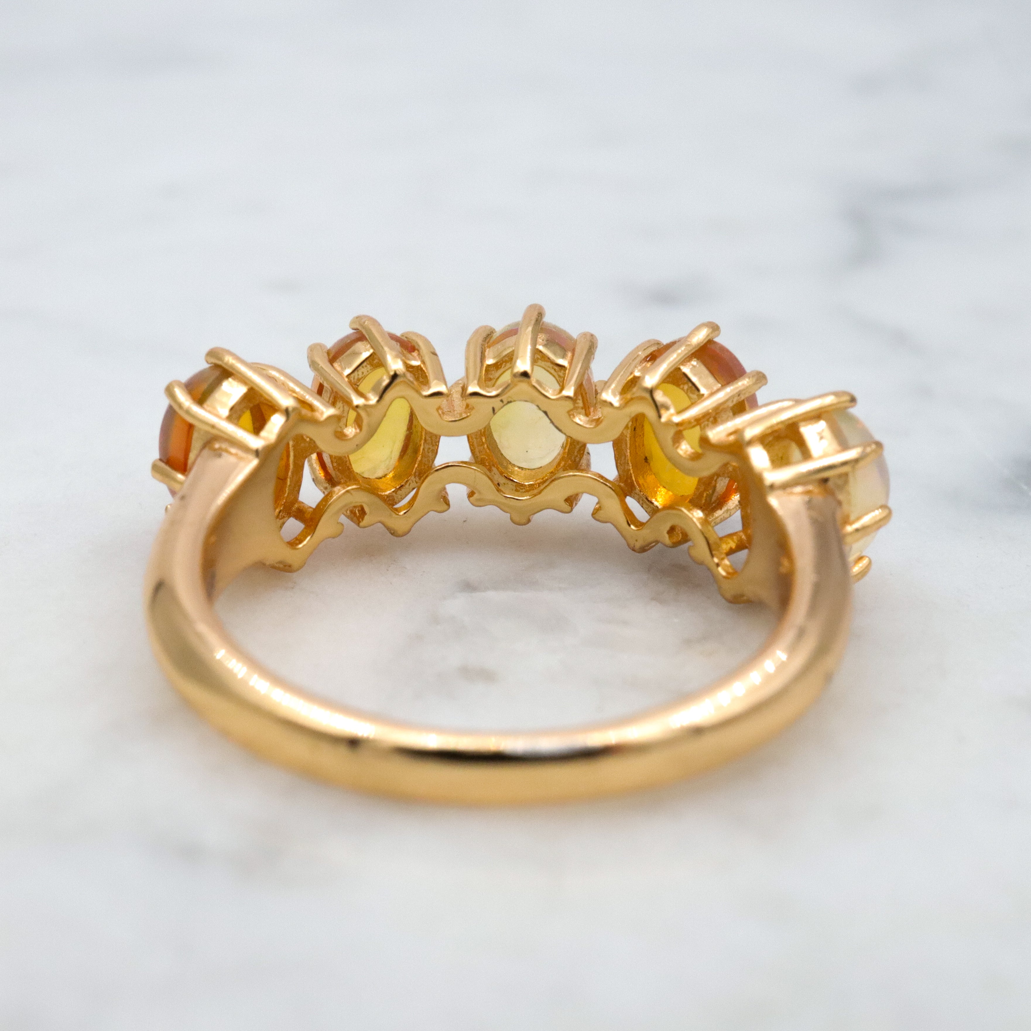 Vintage Stauer gold plated sterling Ethiopian opal 5-stone ring, sz 6