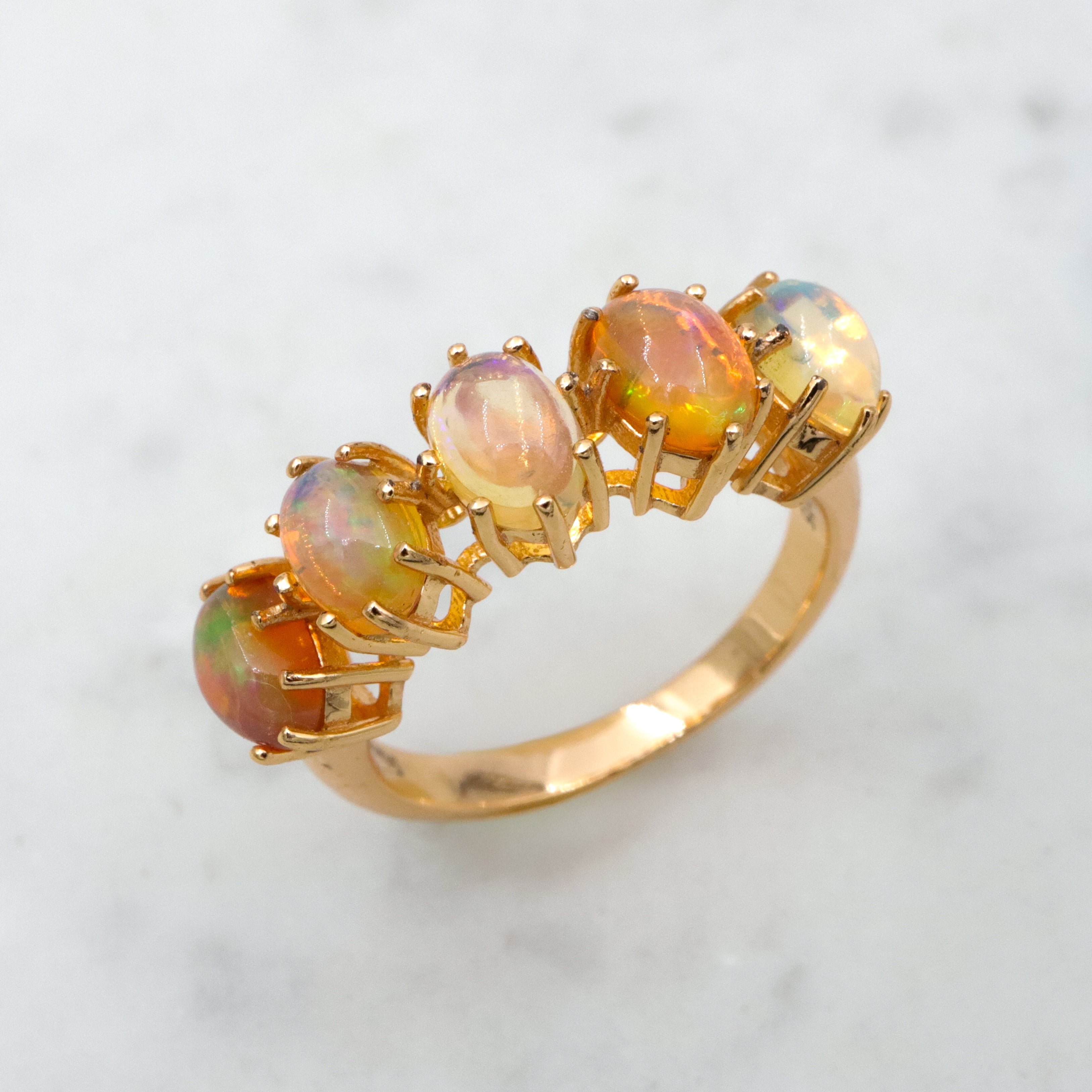 Vintage Stauer gold plated sterling Ethiopian opal 5-stone ring, sz 6