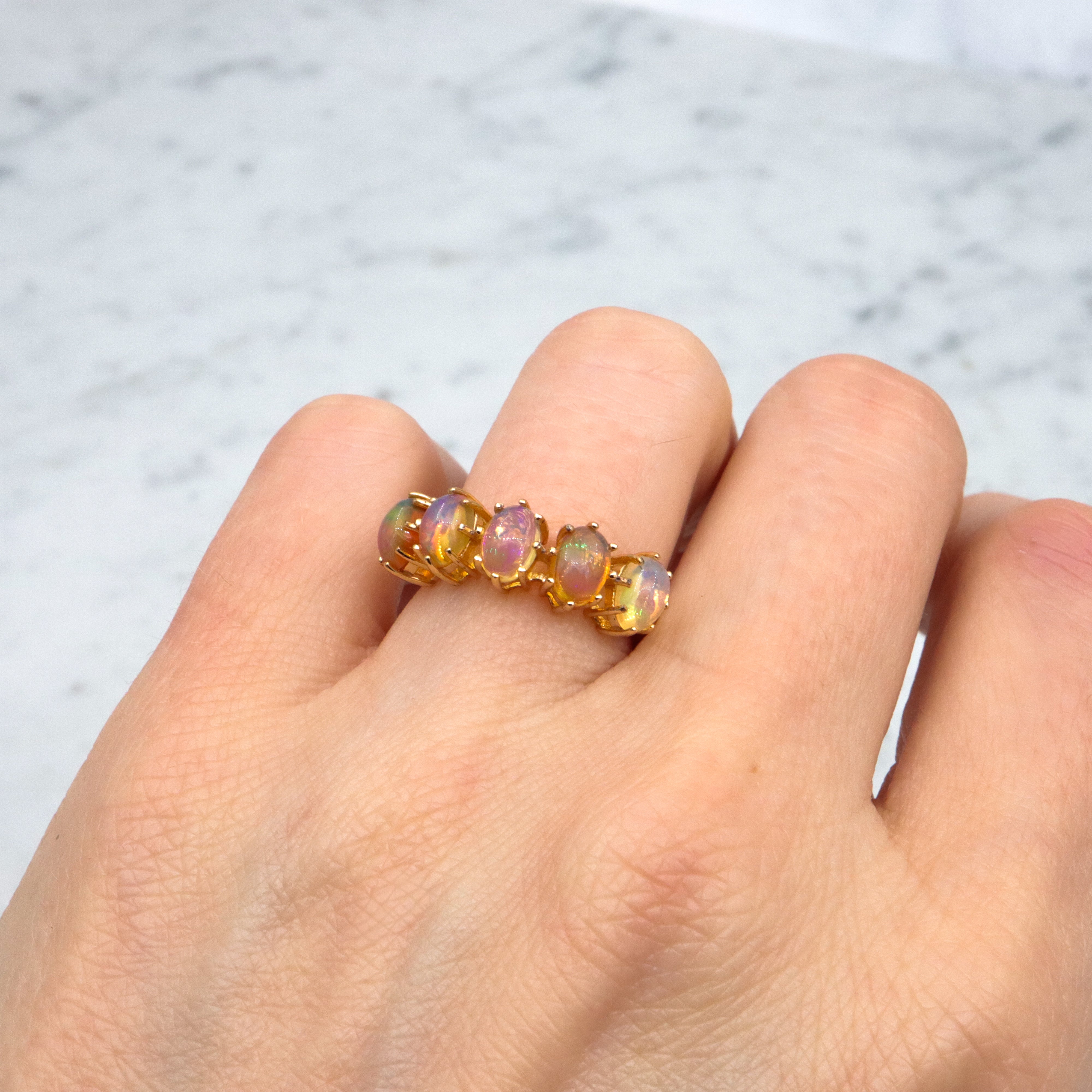 Vintage Stauer gold plated sterling Ethiopian opal 5-stone ring, sz 6