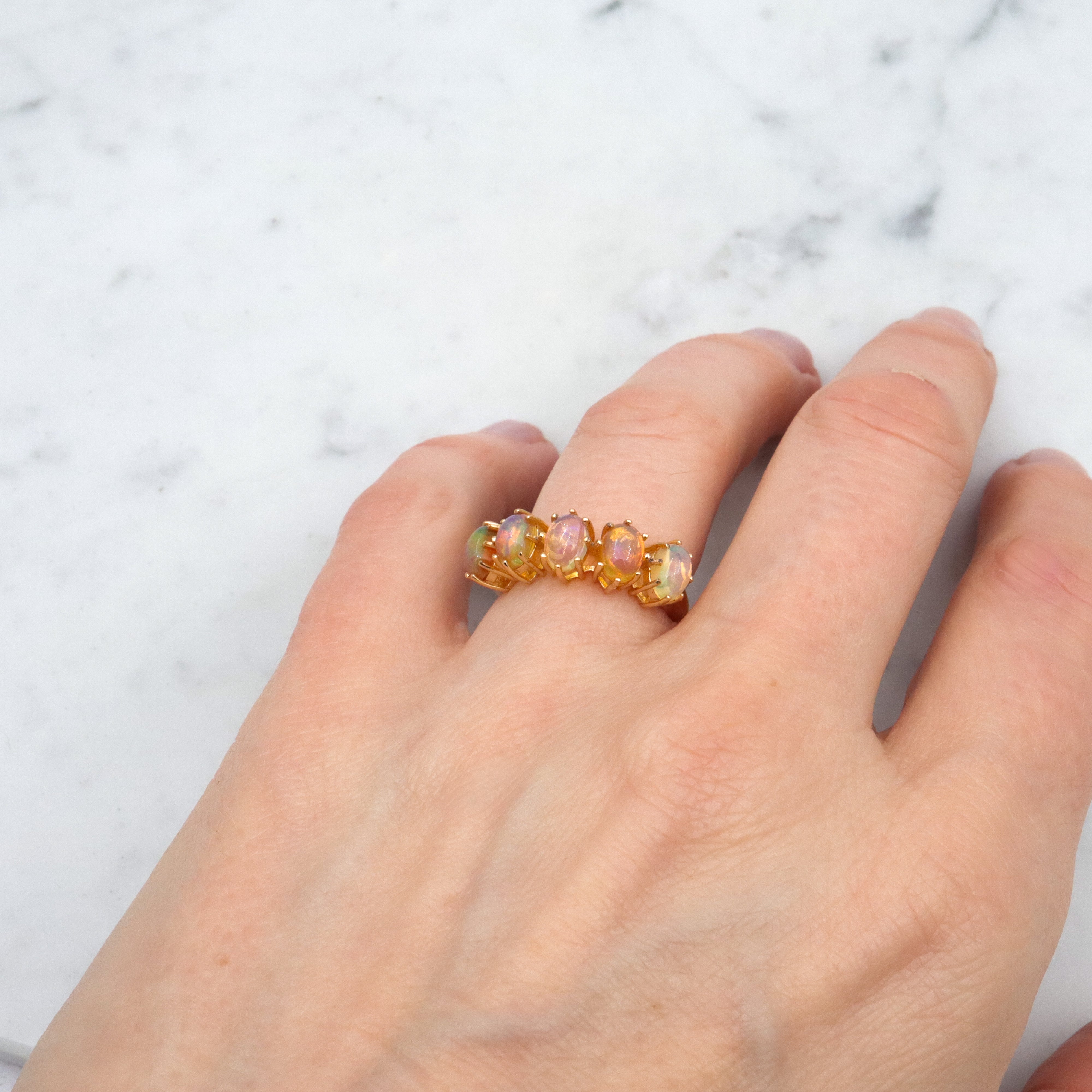 Vintage Stauer gold plated sterling Ethiopian opal 5-stone ring, sz 6