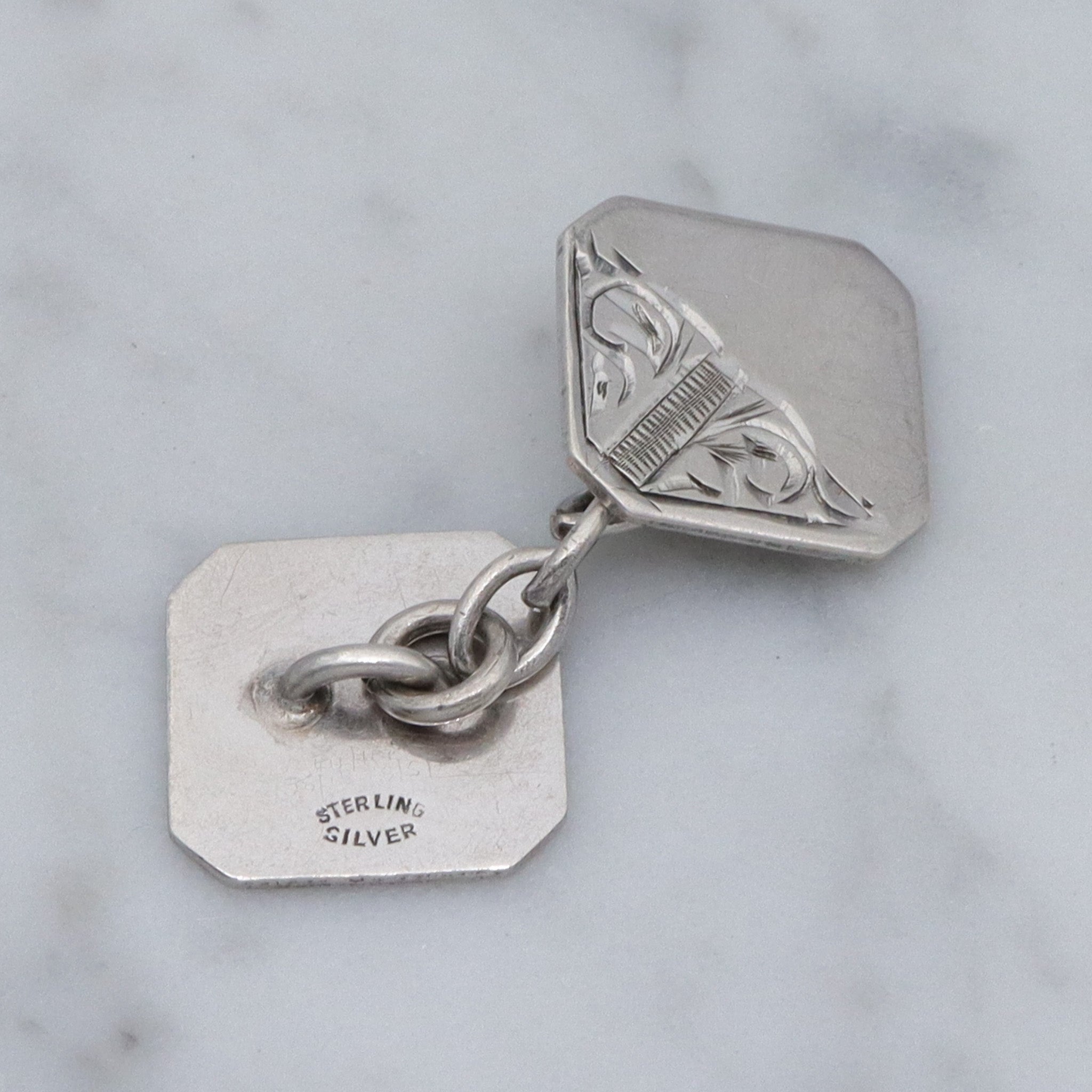 Antique Victorian sterling engraved block cufflinks