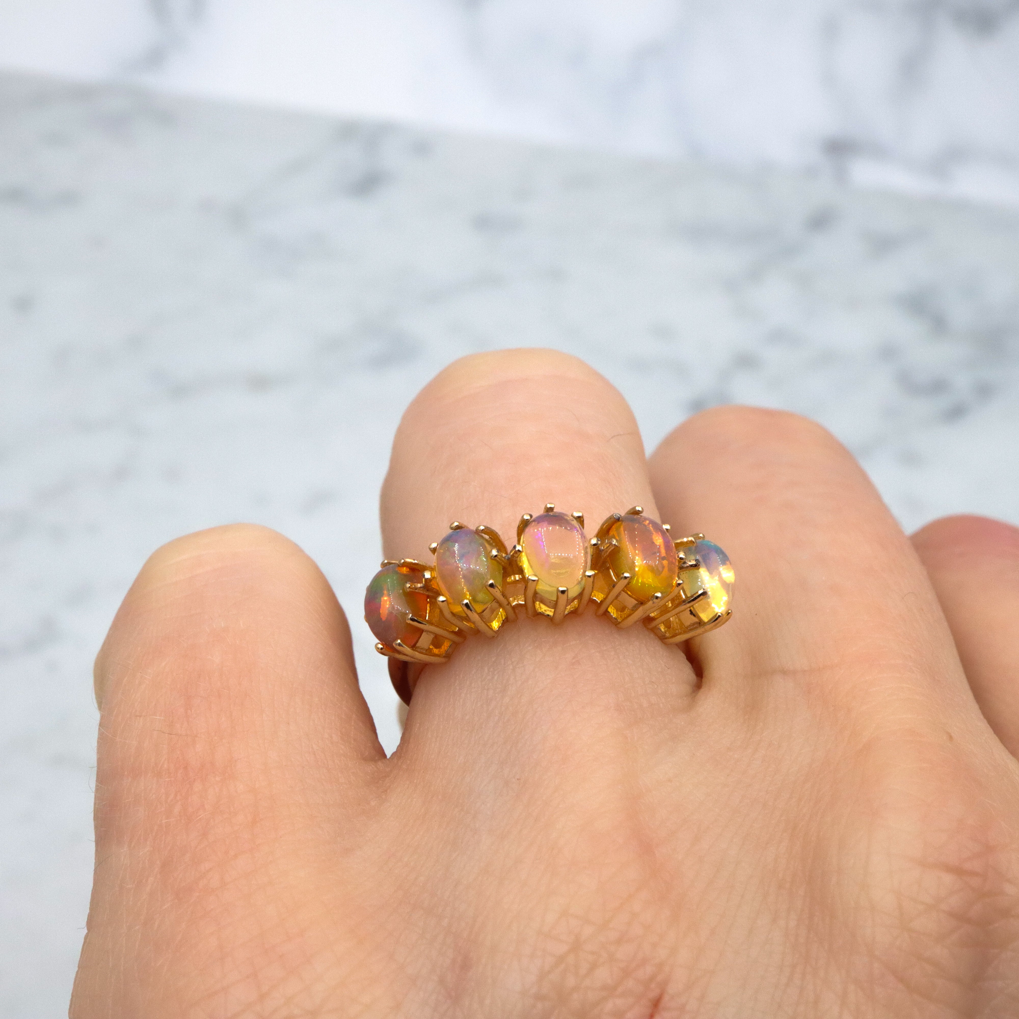 Vintage Stauer gold plated sterling Ethiopian opal 5-stone ring, sz 6