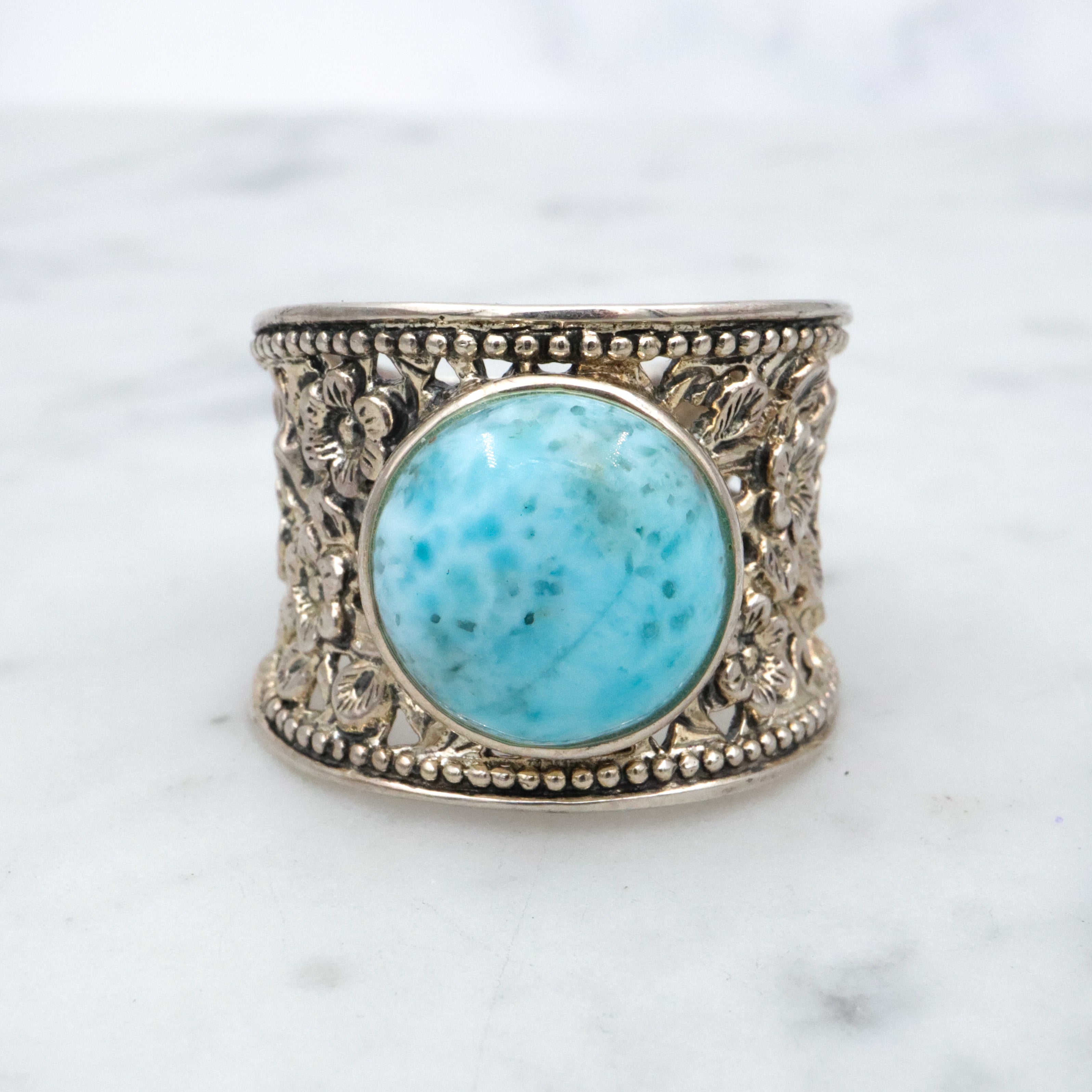 Vintage sterling larimar floral filigree ring, sz 11