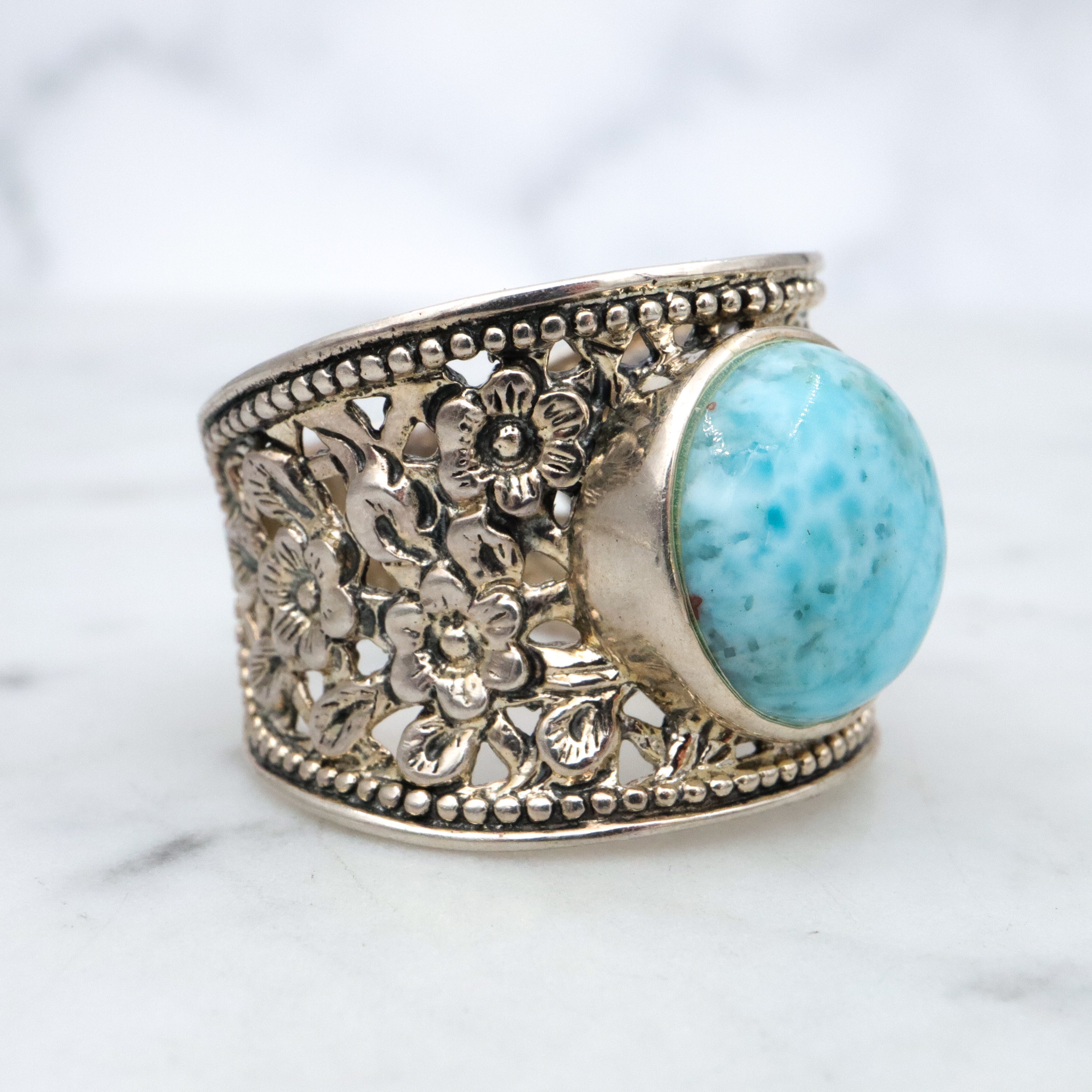 Vintage sterling larimar floral filigree ring, sz 11