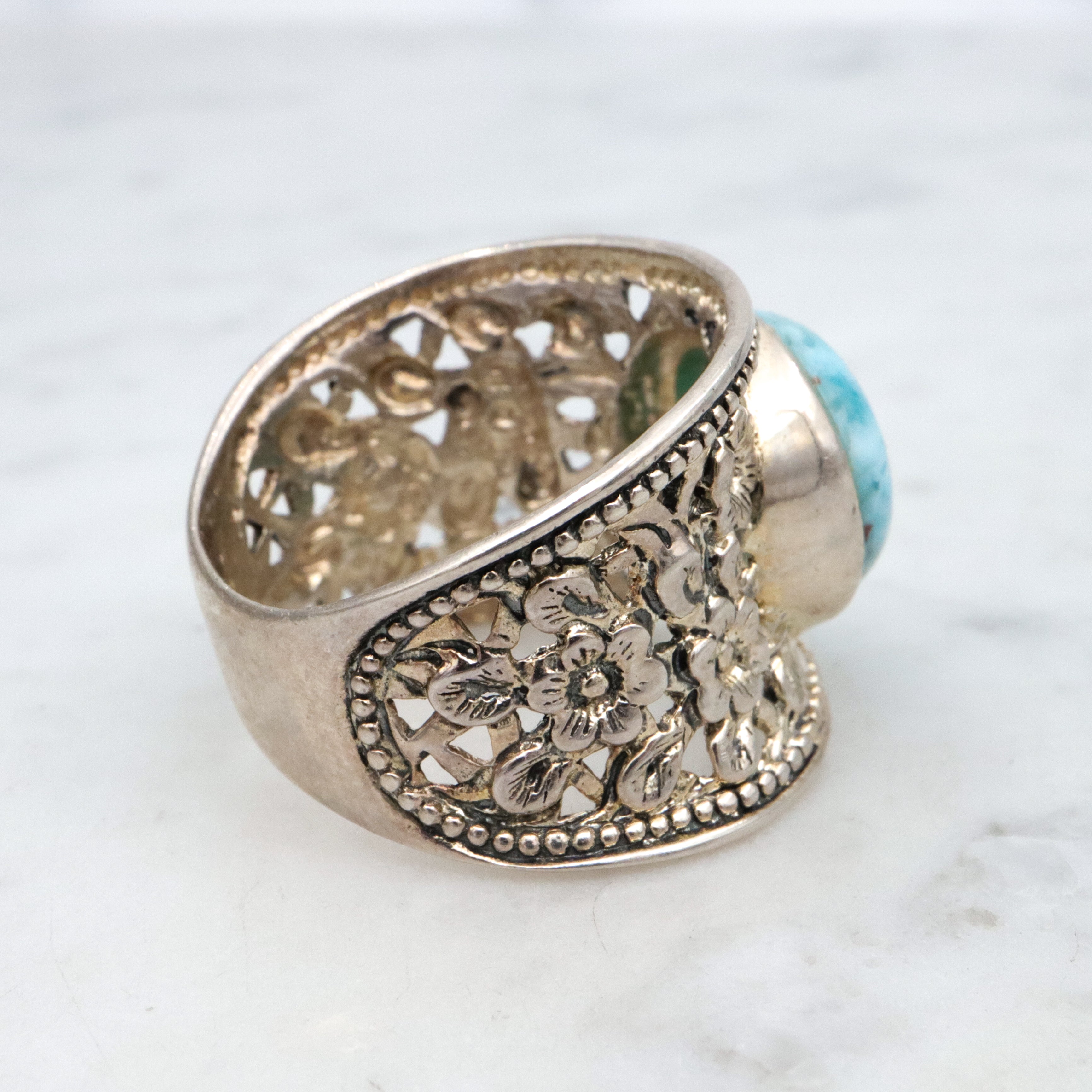 Vintage sterling larimar floral filigree ring, sz 11