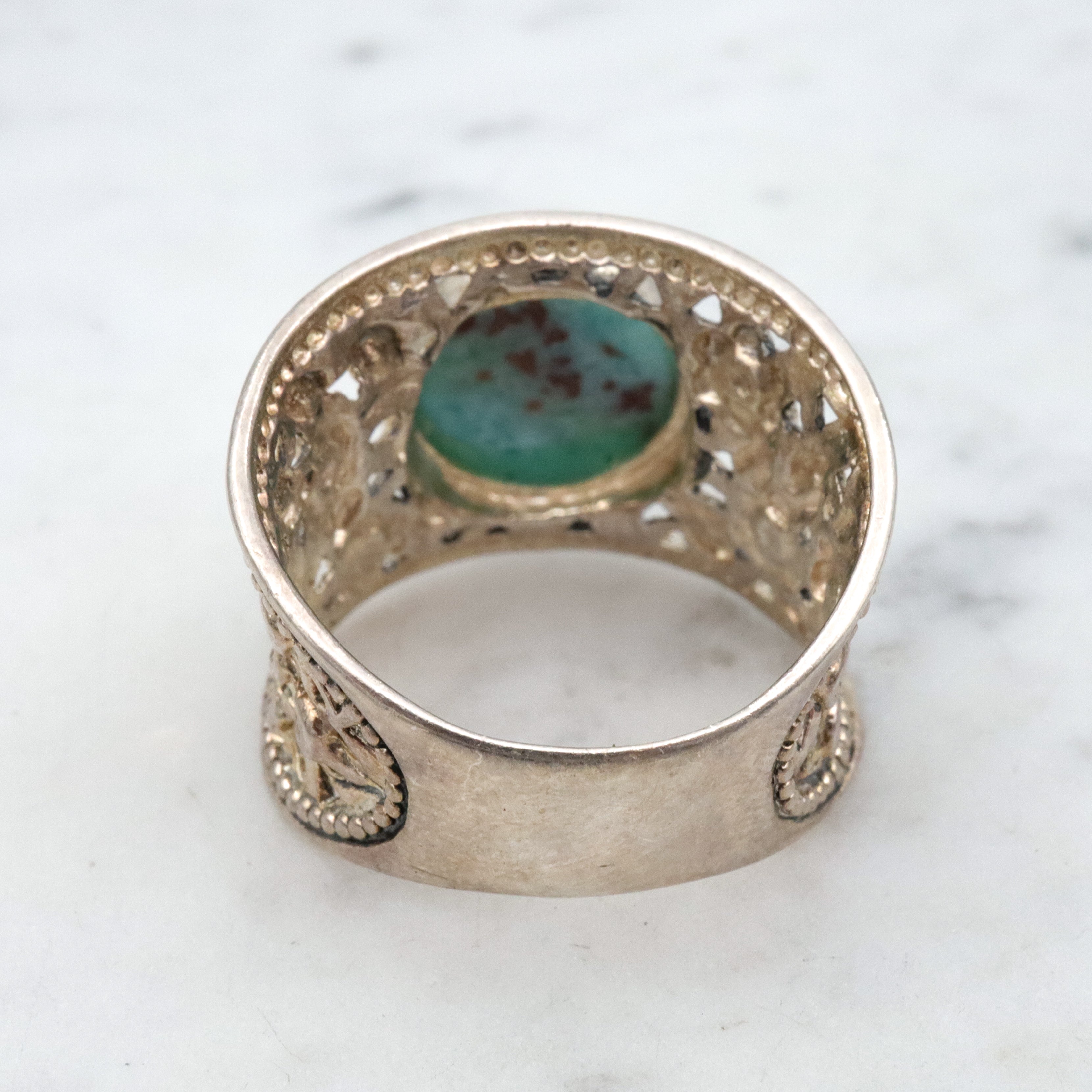 Vintage sterling larimar floral filigree ring, sz 11