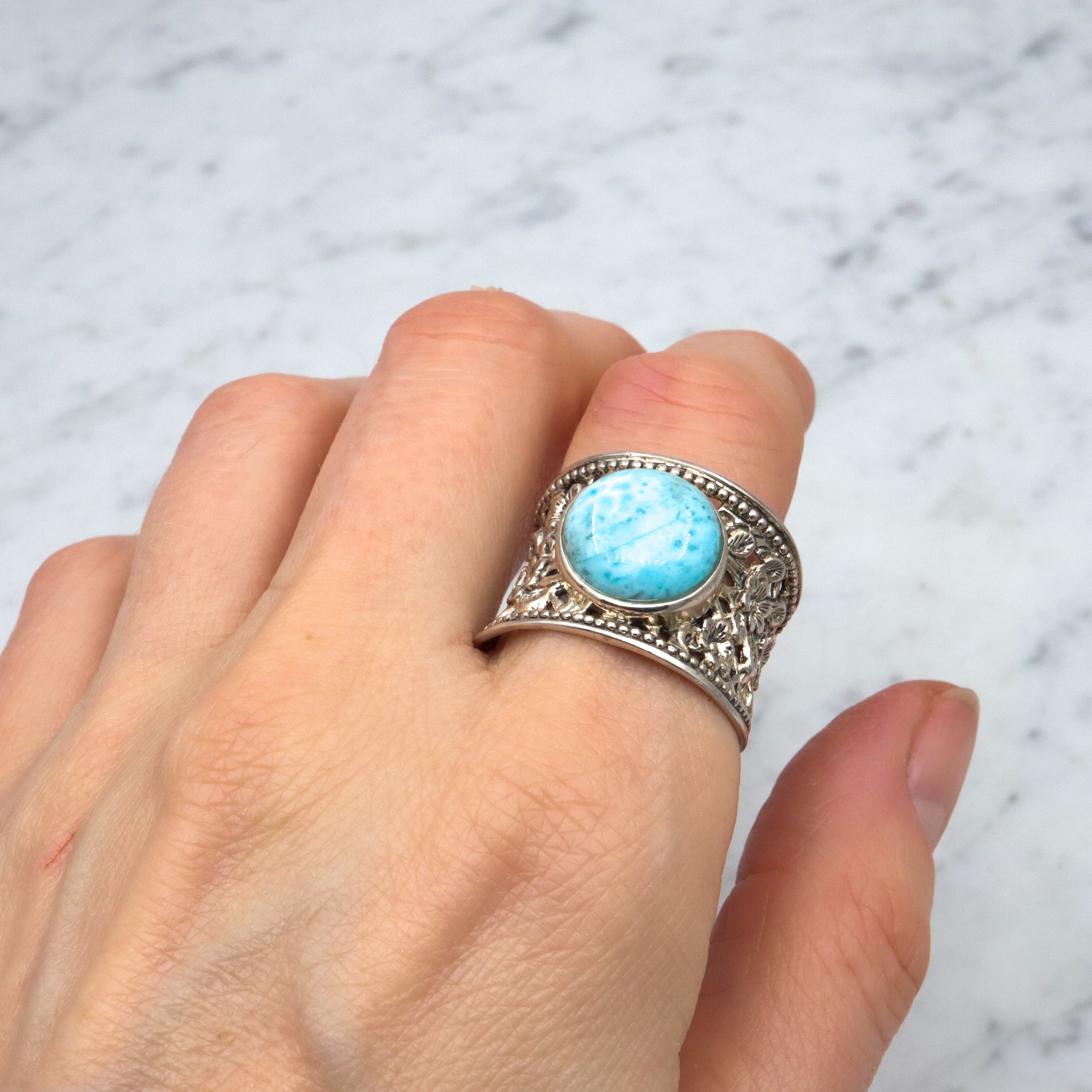 Vintage sterling larimar floral filigree ring, sz 11