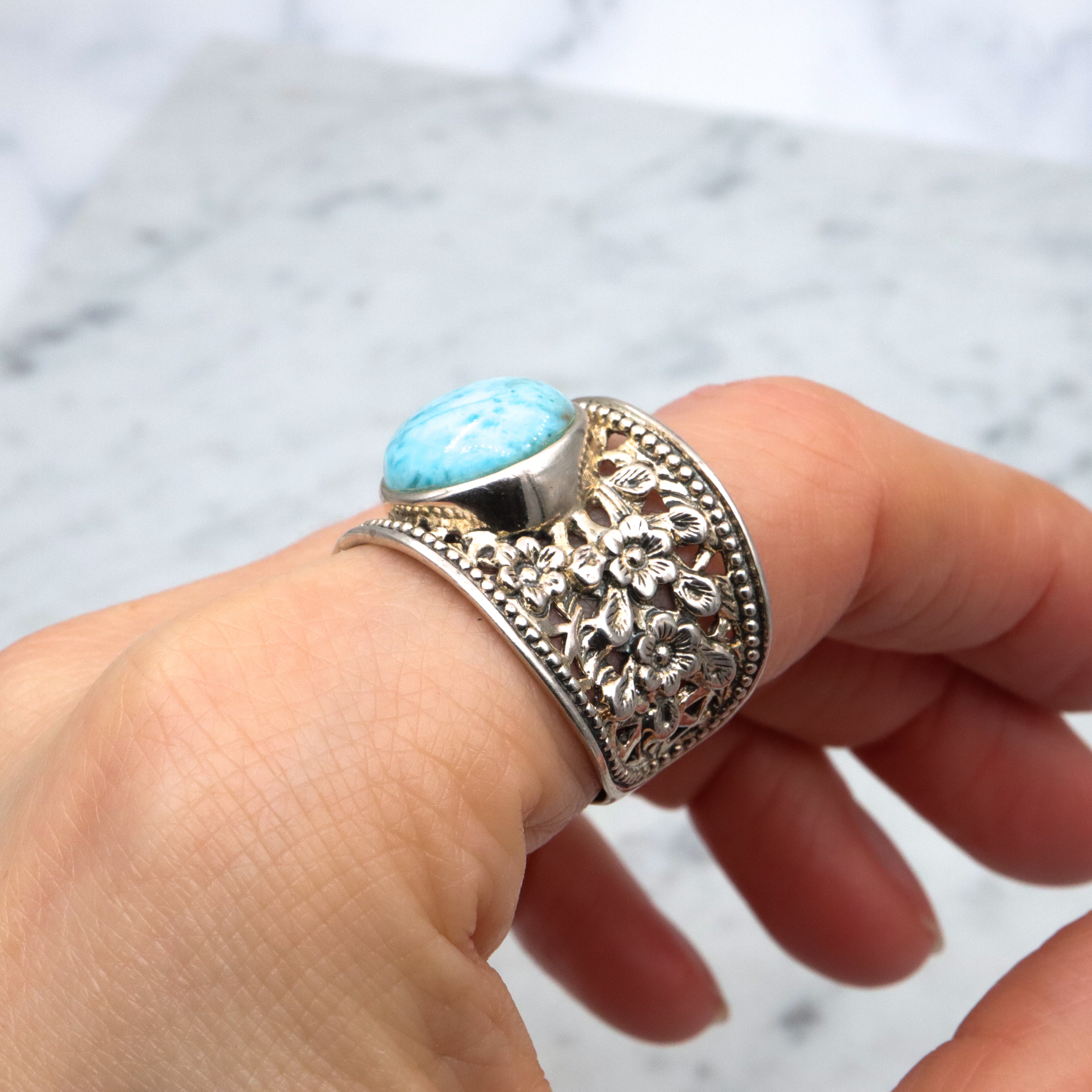 Vintage sterling larimar floral filigree ring, sz 11