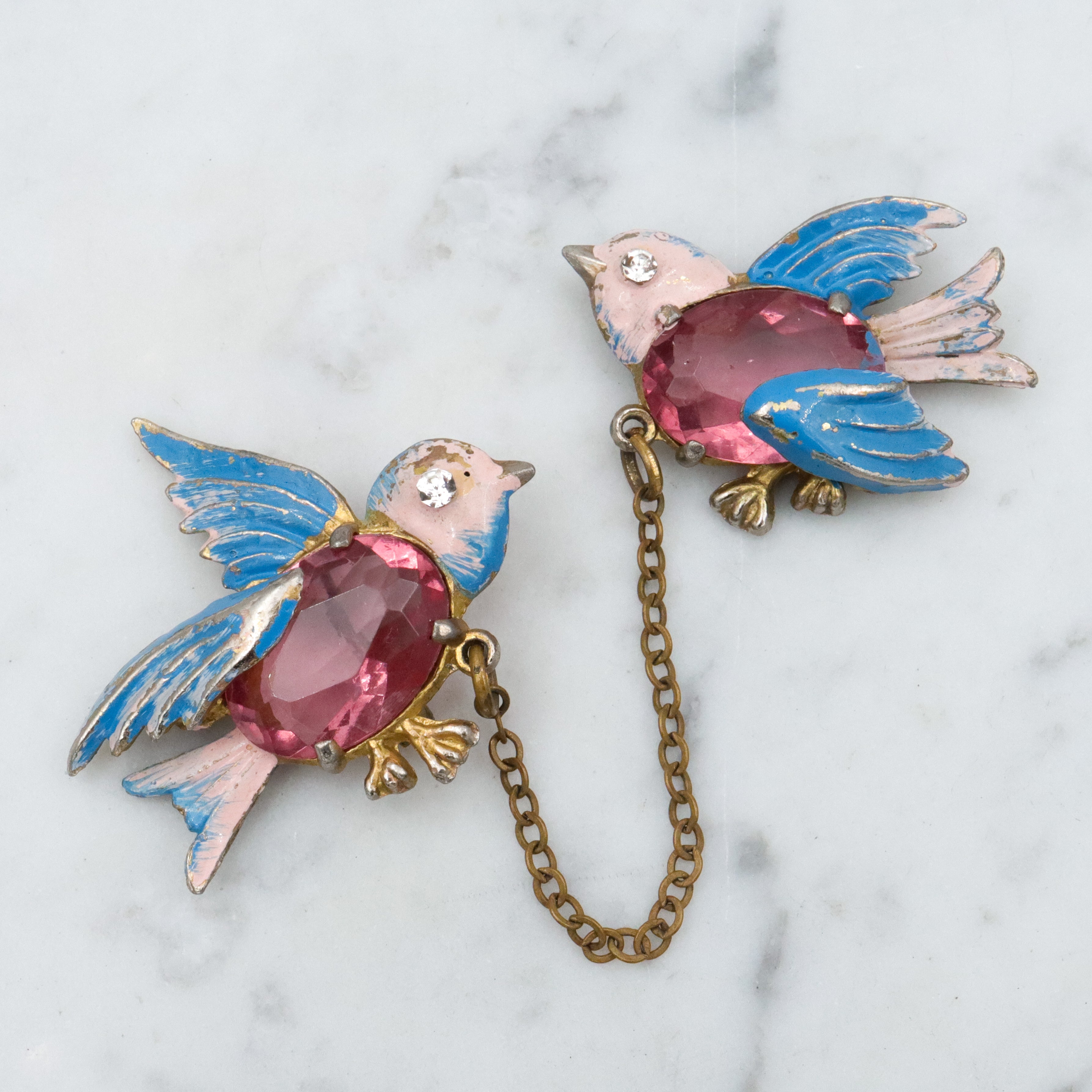 Antique Art Deco Fred Gray jelly belly love birds brooch pair