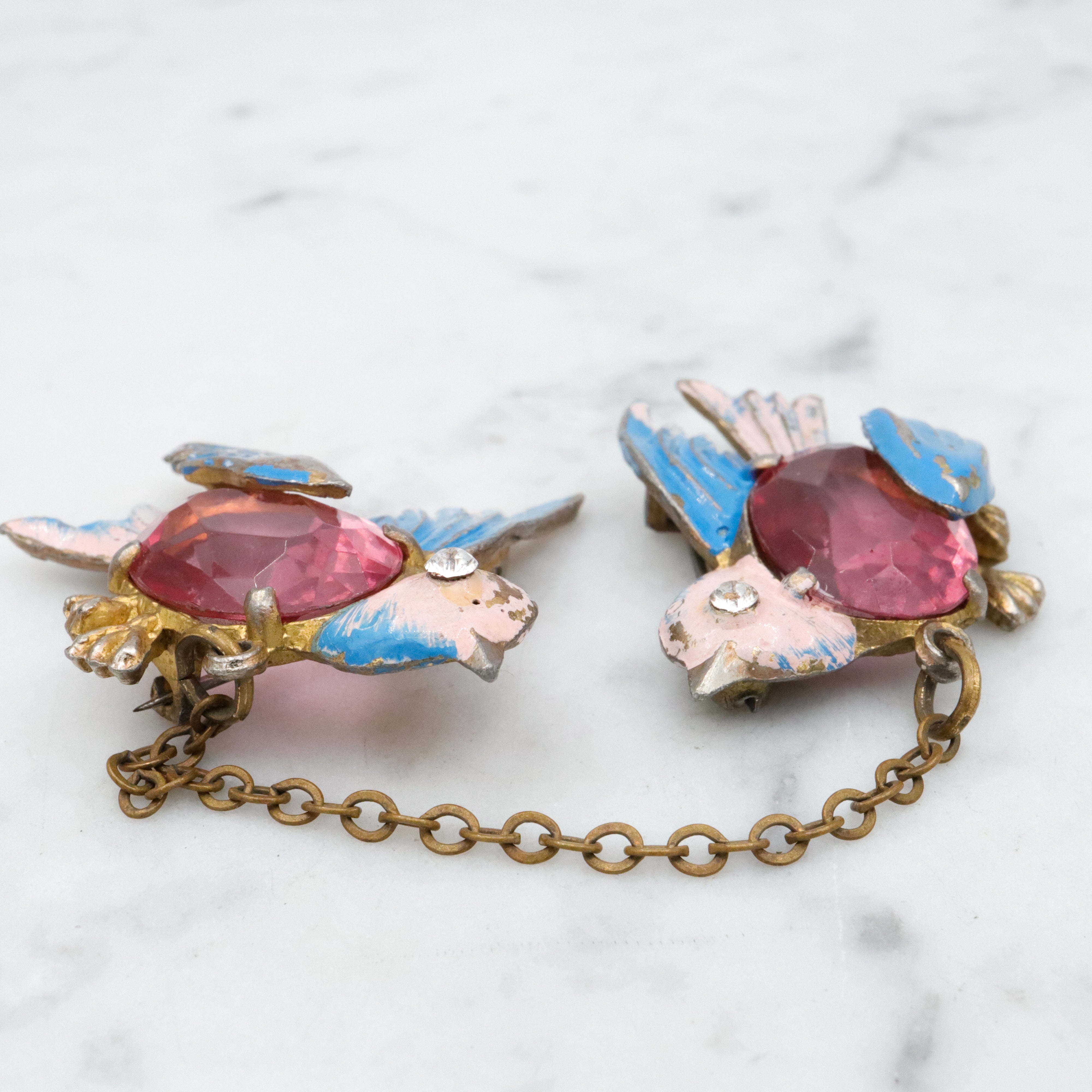 Antique Art Deco Fred Gray jelly belly love birds brooch pair