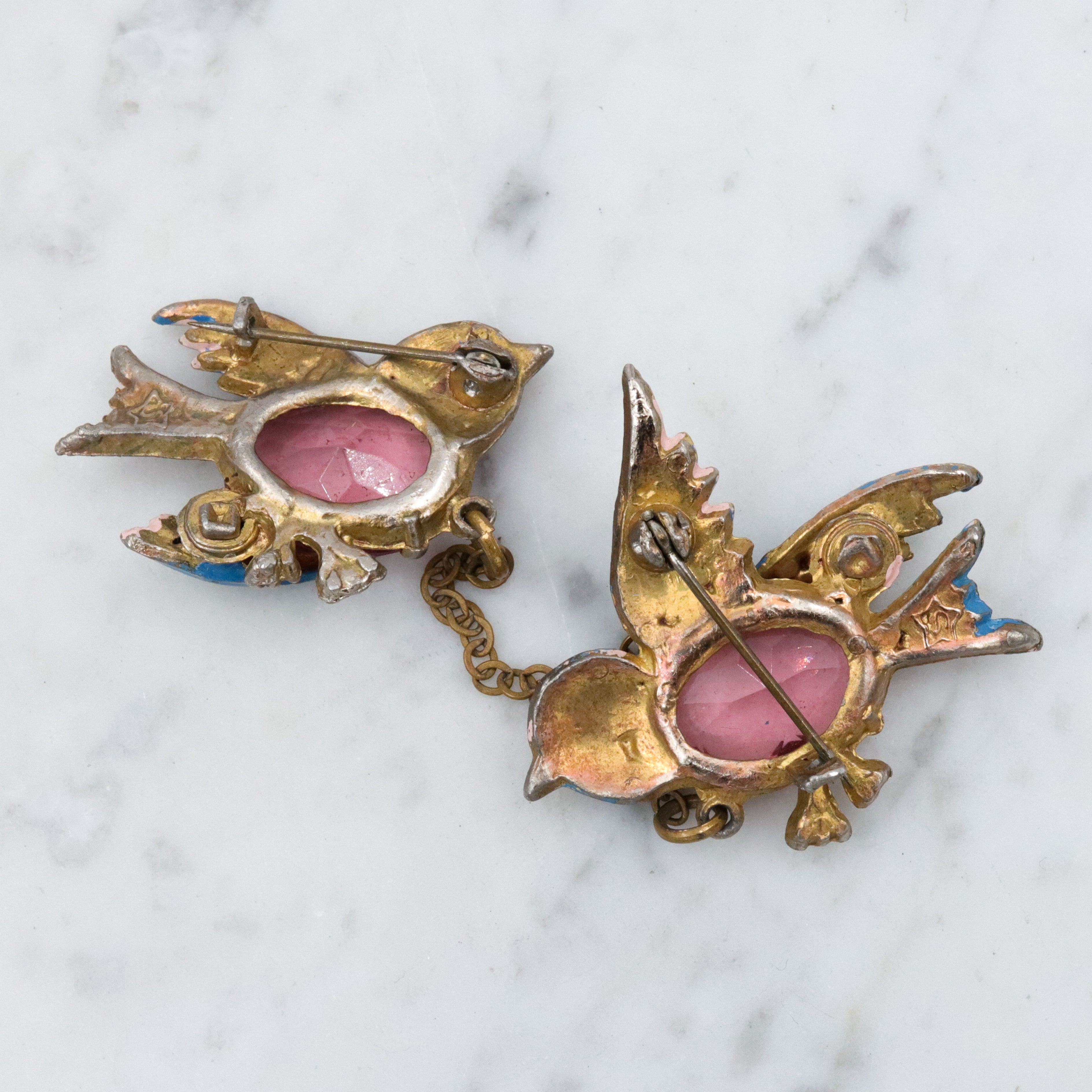 Antique Art Deco Fred Gray jelly belly love birds brooch pair