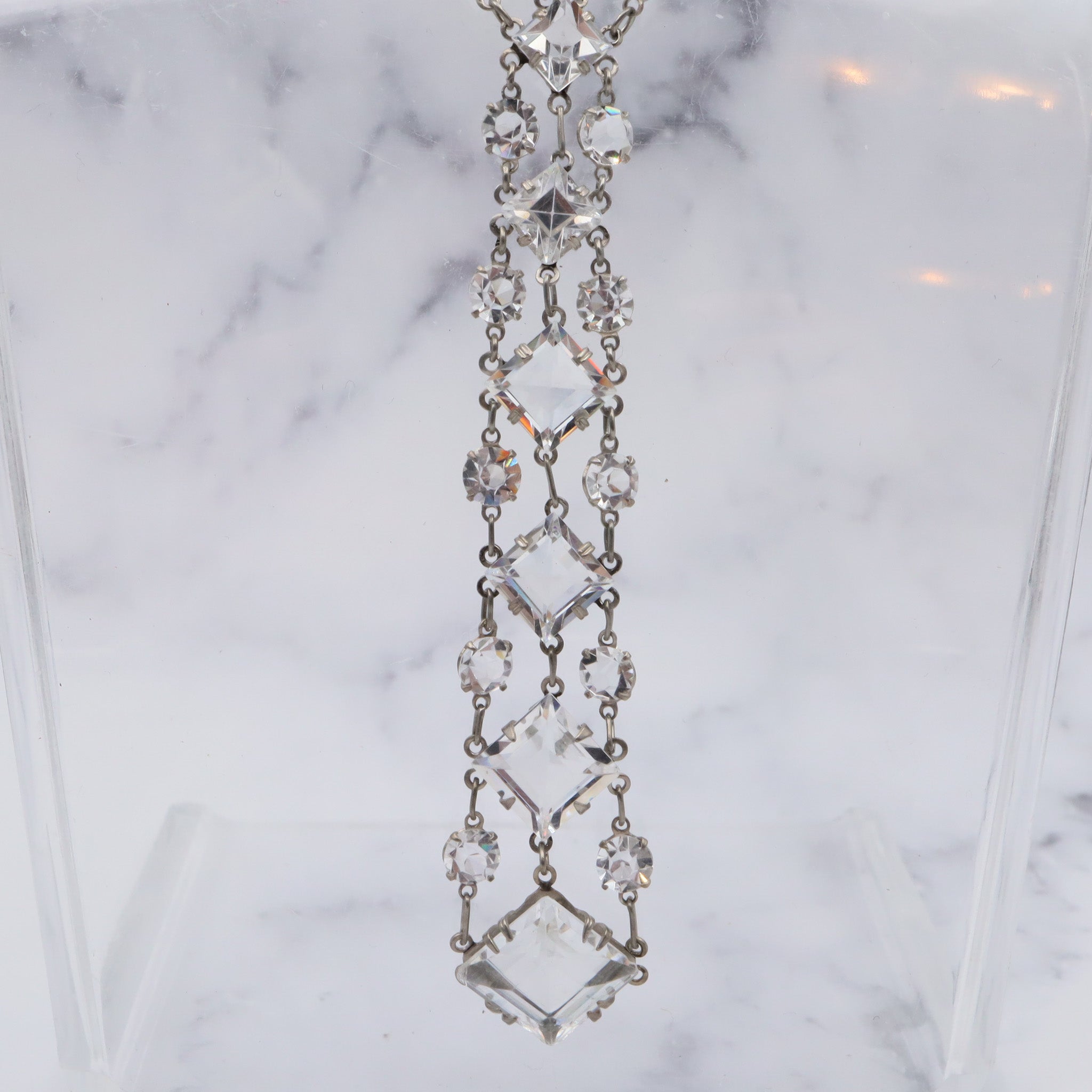 Antique German art deco open back faceted crystal drop necklace, 16