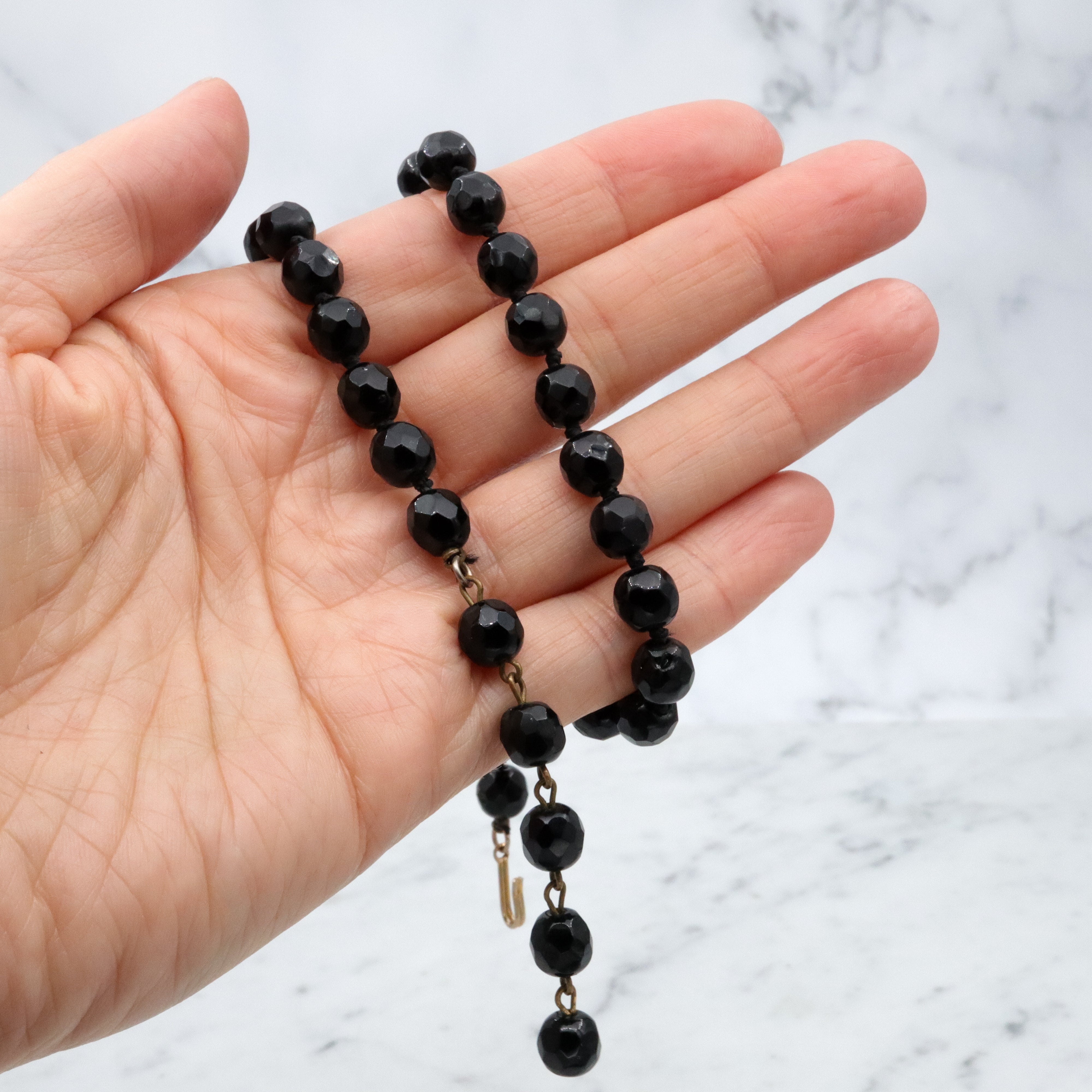 Antique French jet black glass beaded necklace