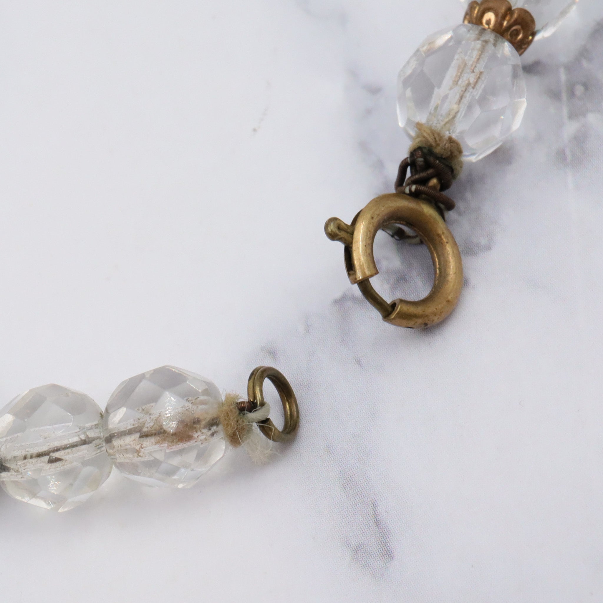 Antique rainbow glass beaded necklace with brass spacers, 16.5