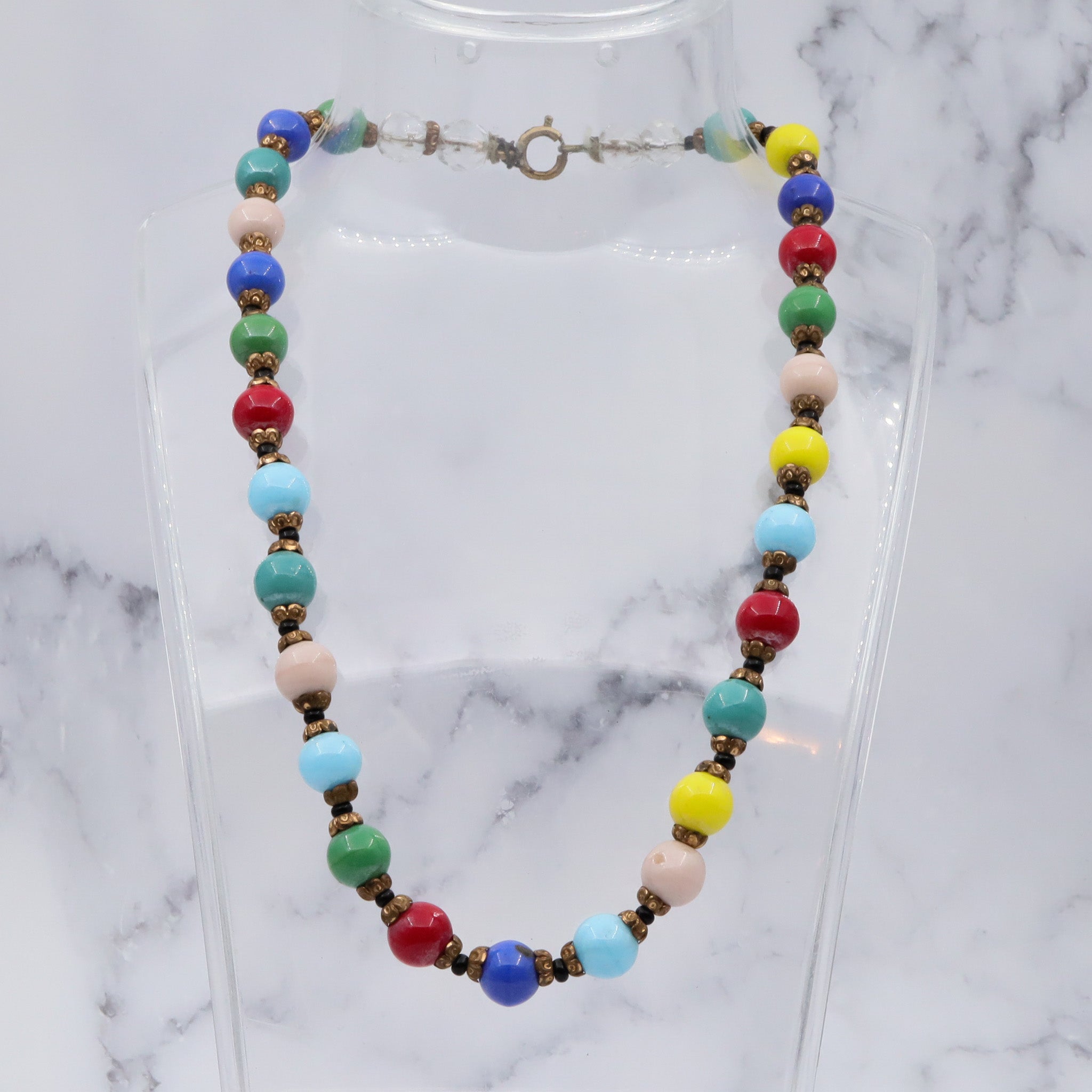 Antique rainbow glass beaded necklace with brass spacers, 16.5"