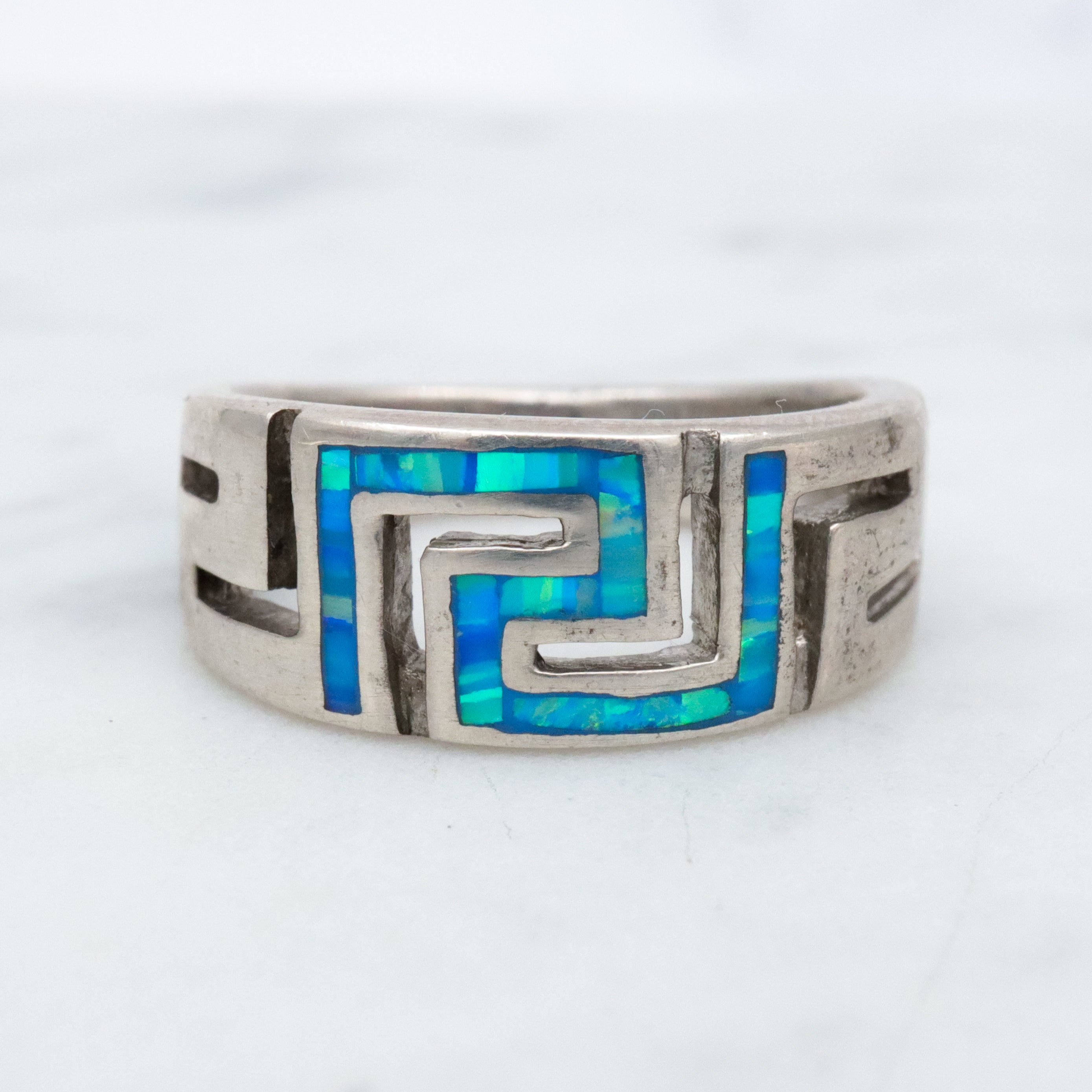 Vintage sterling opal inlay greek key ring, sz 5.5