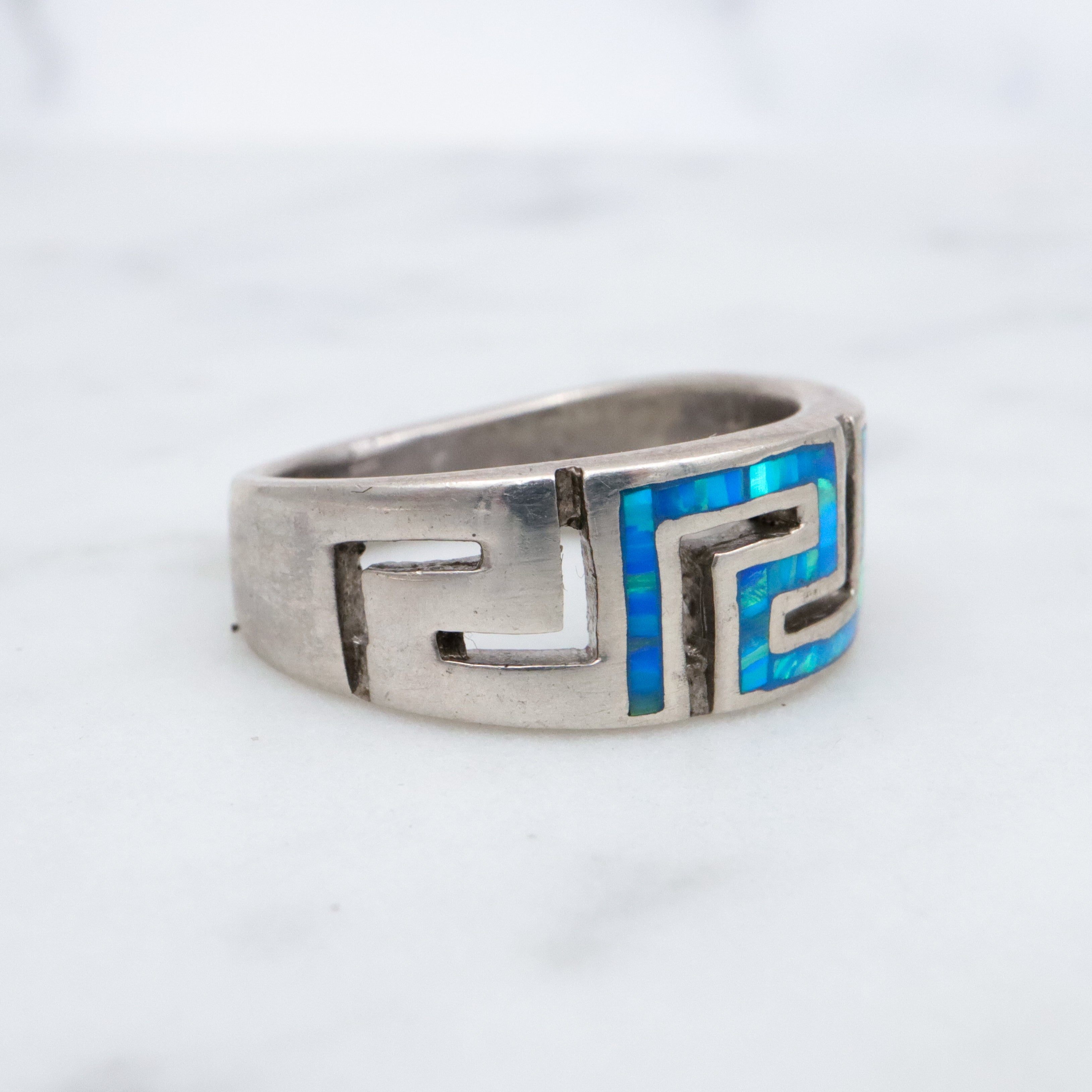 Vintage sterling opal inlay greek key ring, sz 5.5
