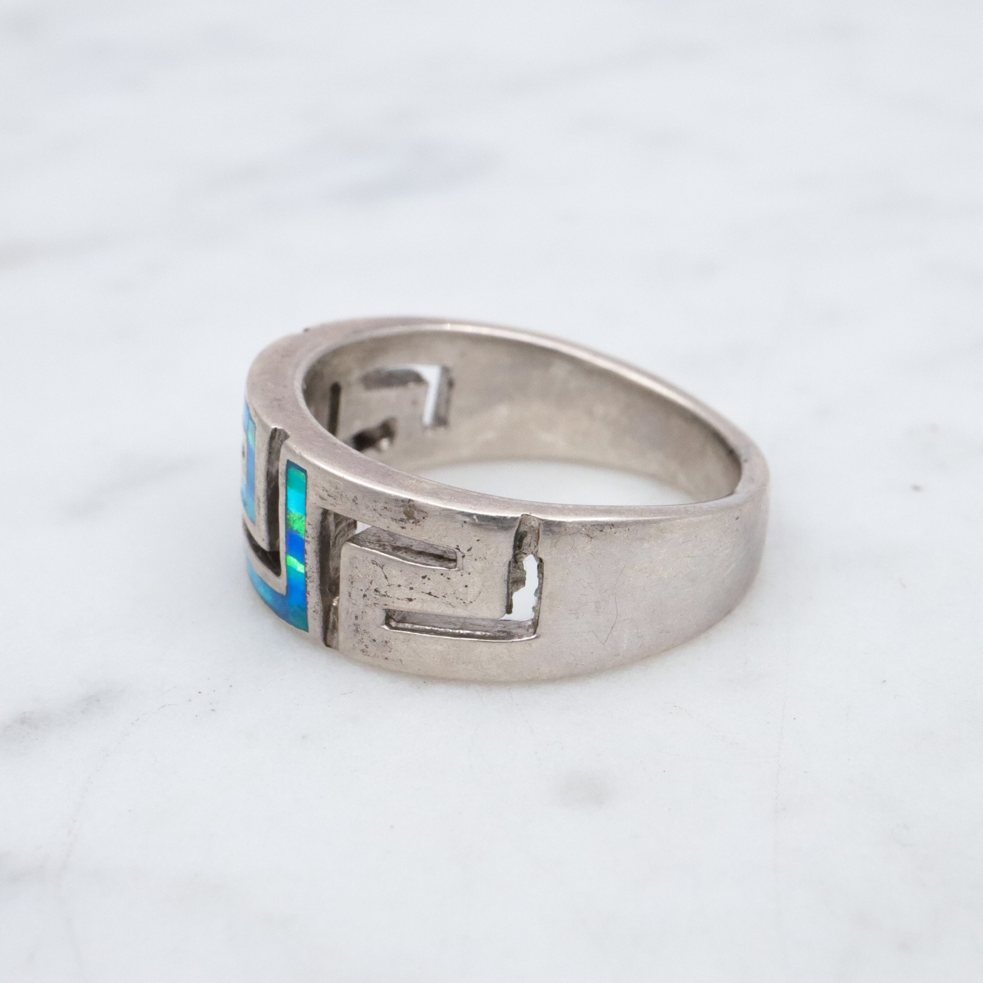 Vintage sterling opal inlay greek key ring, sz 5.5